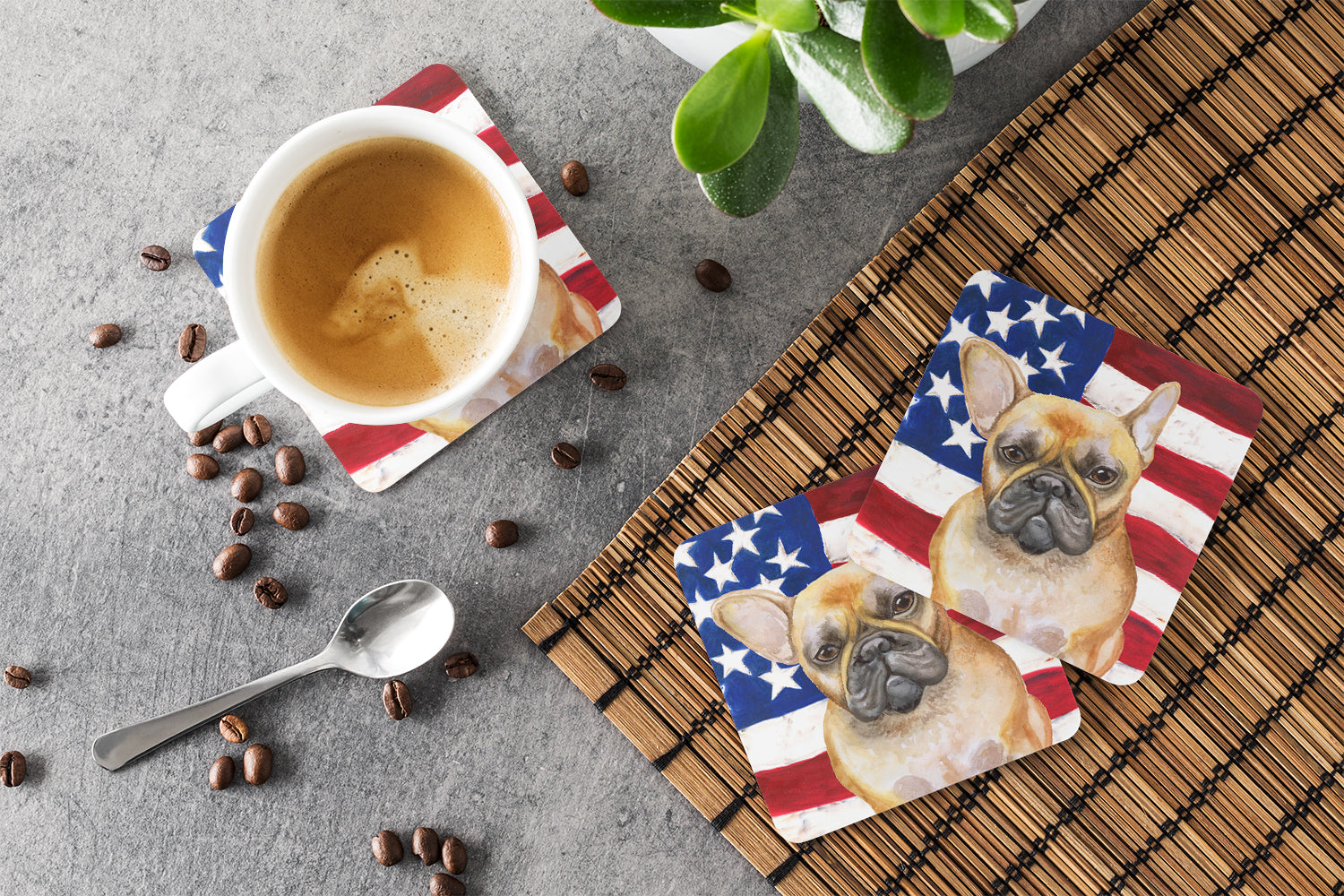 French Bulldog Patriotic Foam Coasters Set of 4 Cup Coasters for Indoor Outdoor, Tabletop Protection, Anti Slip, Mouse pad Material