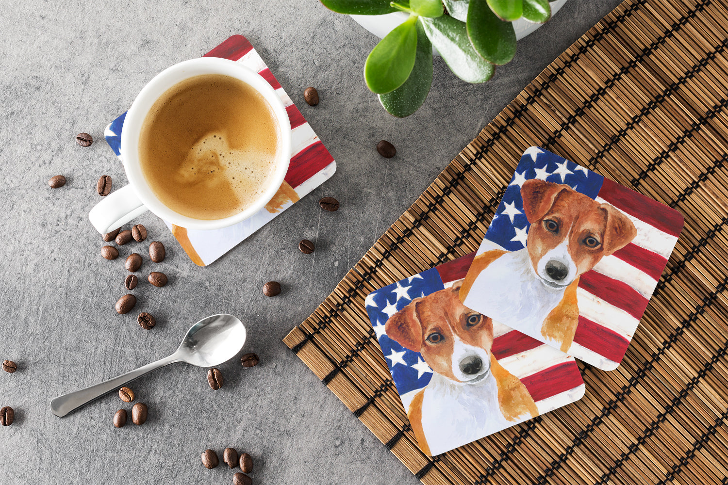 Jack Russell Terrier Patriotic Foam Coasters Set of 4 Cup Coasters for Indoor Outdoor, Tabletop Protection, Anti Slip, Mouse pad Material