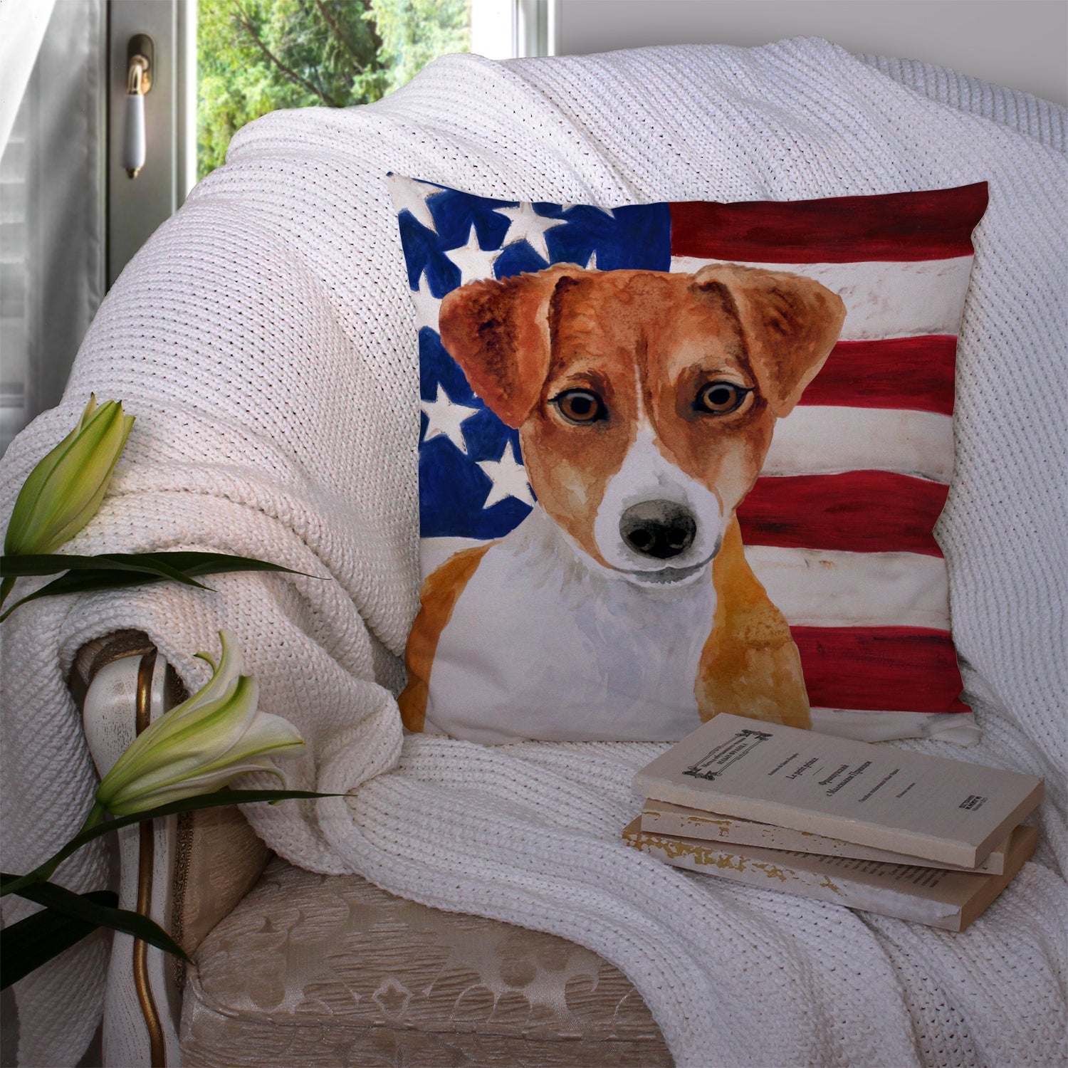 Jack Russell Terrier Patriotic Decorative Throw Pillow 14x14 Indoor Outdoor Accent Cushion, Fabric Cover with Insert for Sofa, Bed, Porch & Living Room