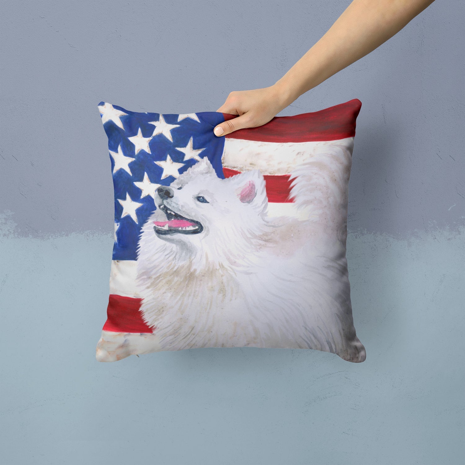 Samoyed Patriotic Decorative Throw Pillow 14x14 Indoor Outdoor Accent Cushion, Fabric Cover with Insert for Sofa, Bed, Porch & Living Room