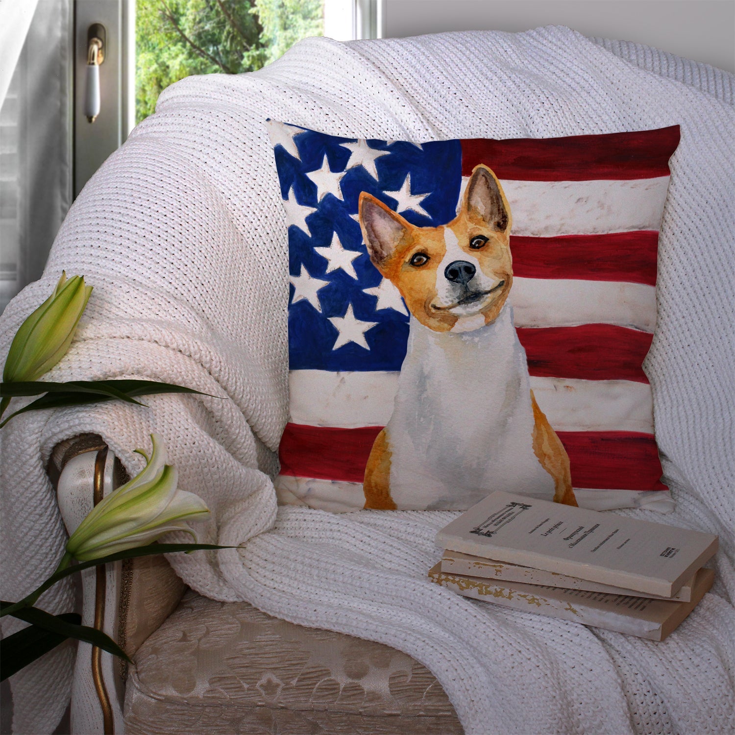 Basenji Patriotic Decorative Throw Pillow 14x14 Indoor Outdoor Accent Cushion, Fabric Cover with Insert for Sofa, Bed, Porch & Living Room