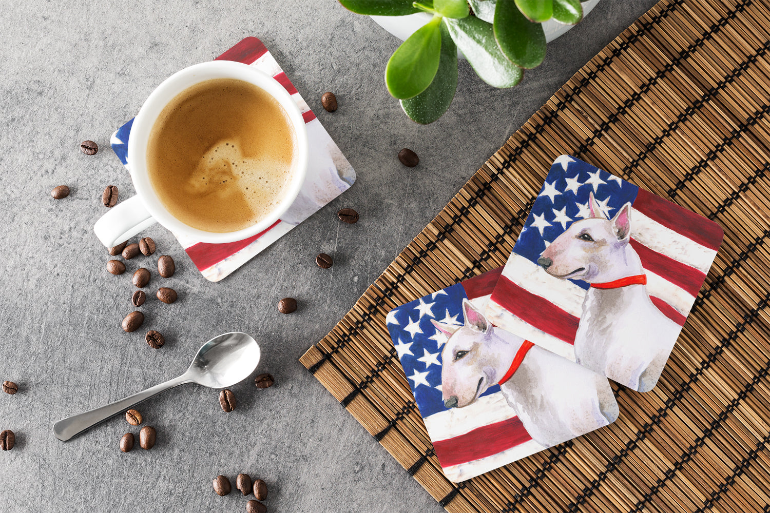 Bull Terrier Patriotic Foam Coasters Set of 4 Cup Coasters for Indoor Outdoor, Tabletop Protection, Anti Slip, Mouse pad Material