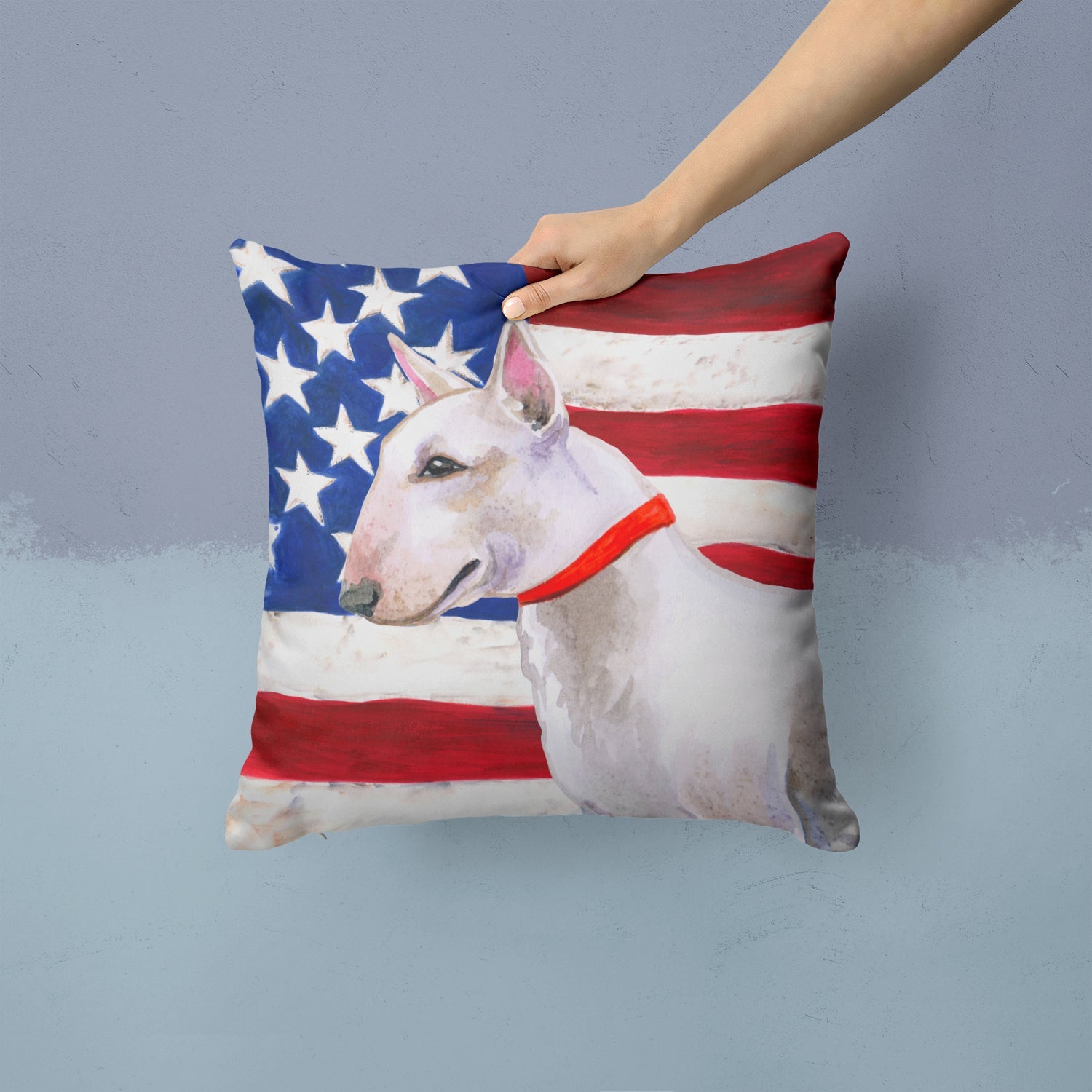Bull Terrier Patriotic Decorative Throw Pillow 14x14 Indoor Outdoor Accent Cushion, Fabric Cover with Insert for Sofa, Bed, Porch & Living Room