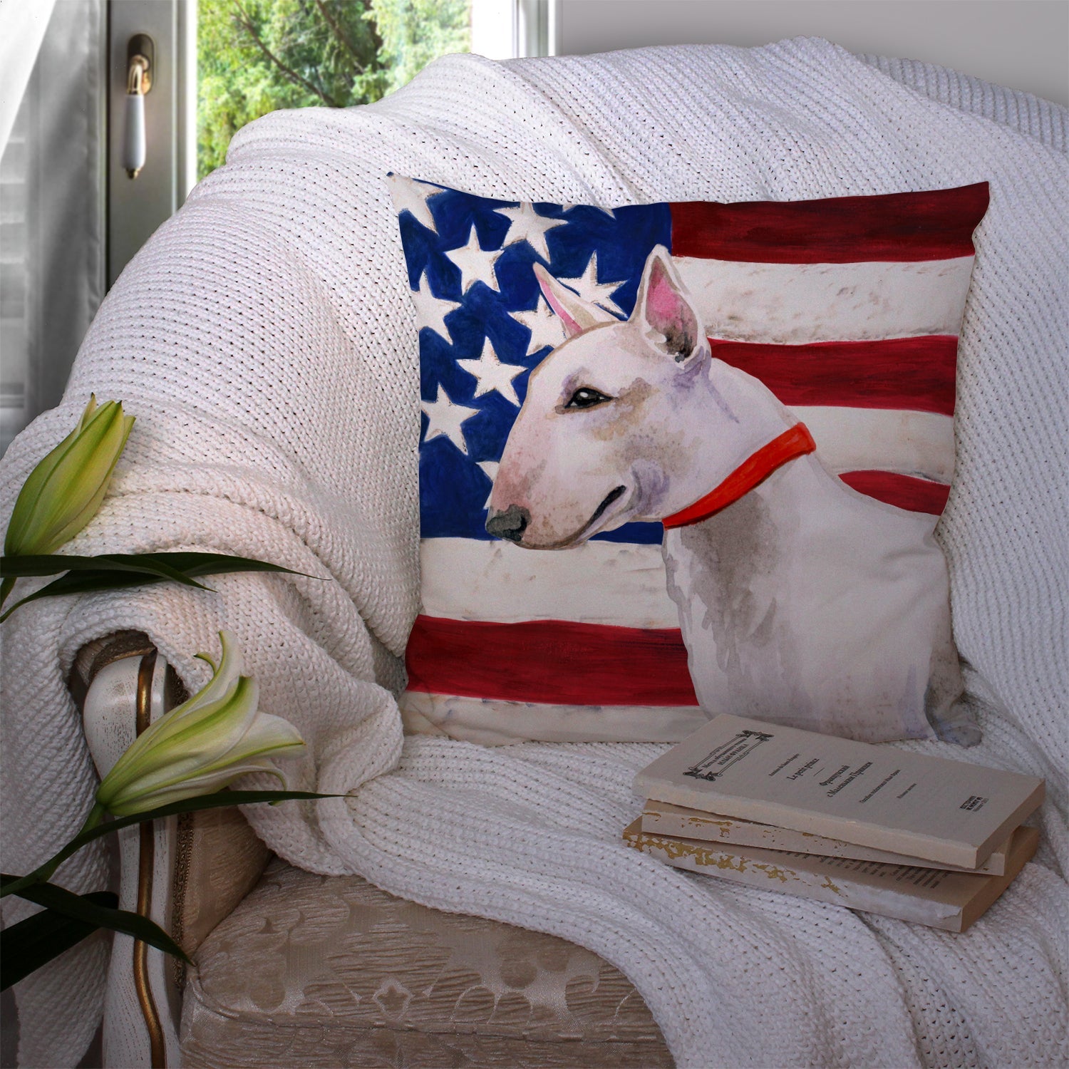 Bull Terrier Patriotic Decorative Throw Pillow 14x14 Indoor Outdoor Accent Cushion, Fabric Cover with Insert for Sofa, Bed, Porch & Living Room
