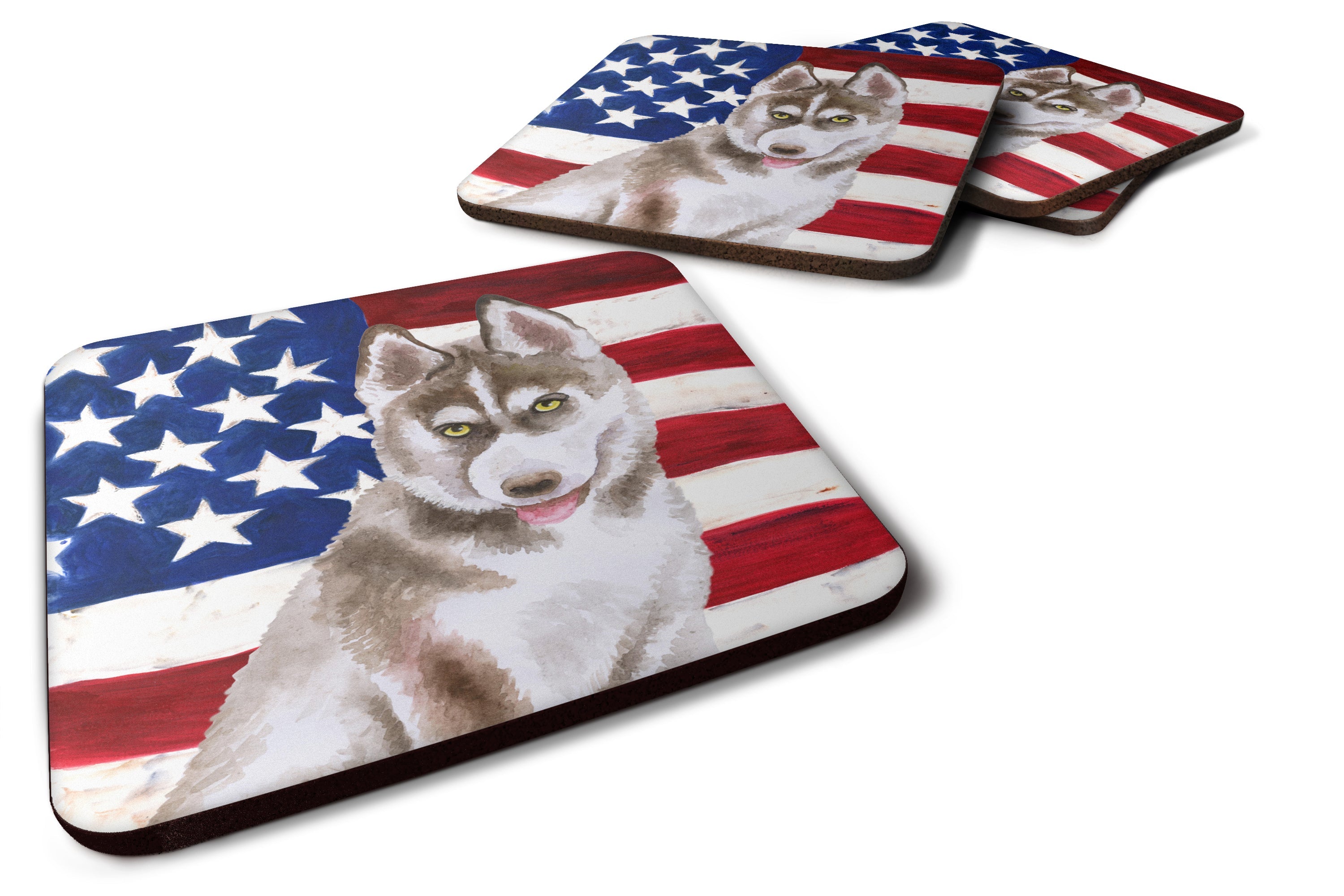 Siberian Husky Grey Patriotic Foam Coasters Set of 4 Cup Coasters for Indoor Outdoor, Tabletop Protection, Anti Slip, Mouse pad Material