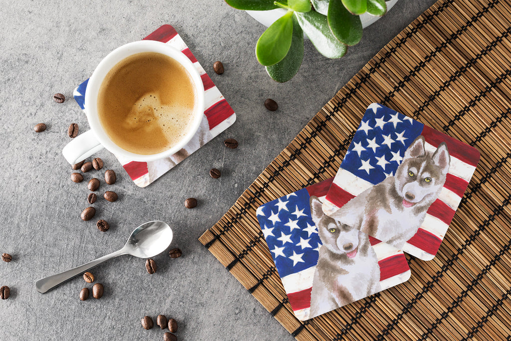 Siberian Husky Grey Patriotic Foam Coasters Set of 4 Cup Coasters for Indoor Outdoor, Tabletop Protection, Anti Slip, Mouse pad Material