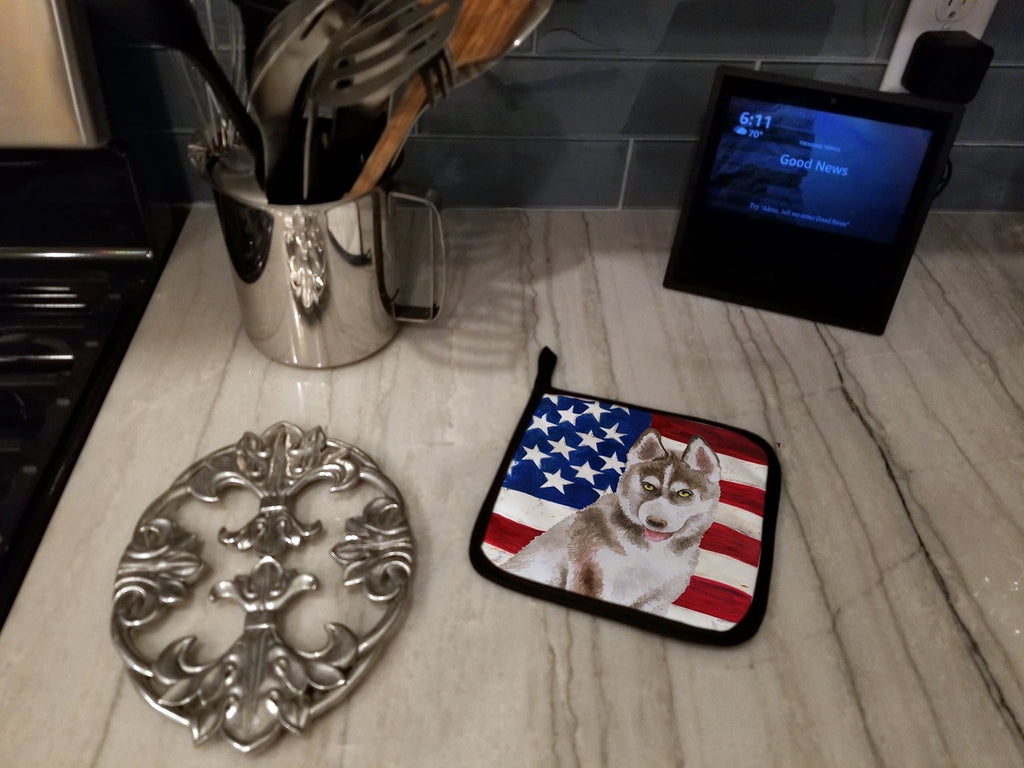 Siberian Husky Grey Patriotic Pot Holder Set of 2 Heat Resistant Quilted Hot Pads 7.5 x 7.5 Inch, Insulated Kitchen Trivets for Cooking & Baking