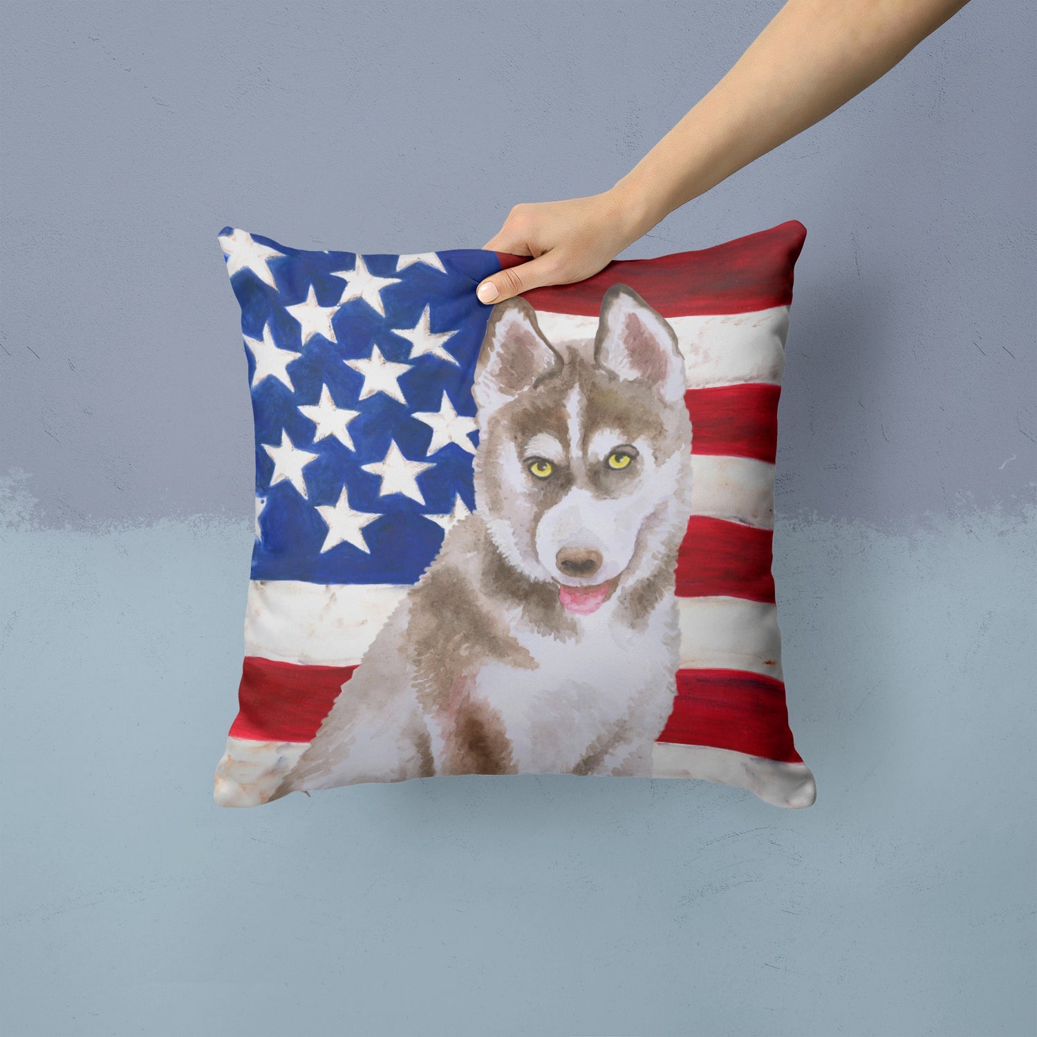 Siberian Husky Grey Patriotic Decorative Throw Pillow 14x14 Indoor Outdoor Accent Cushion, Fabric Cover with Insert for Sofa, Bed, Porch & Living Room