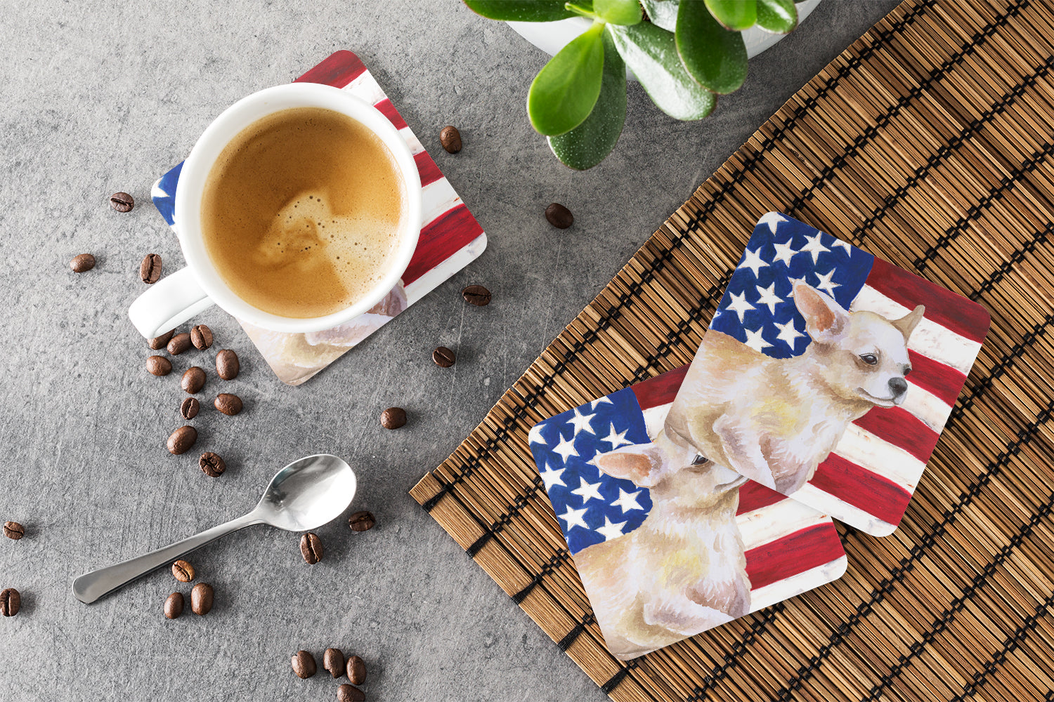 Chihuahua Leg up Patriotic Foam Coasters Set of 4 Cup Coasters for Indoor Outdoor, Tabletop Protection, Anti Slip, Mouse pad Material