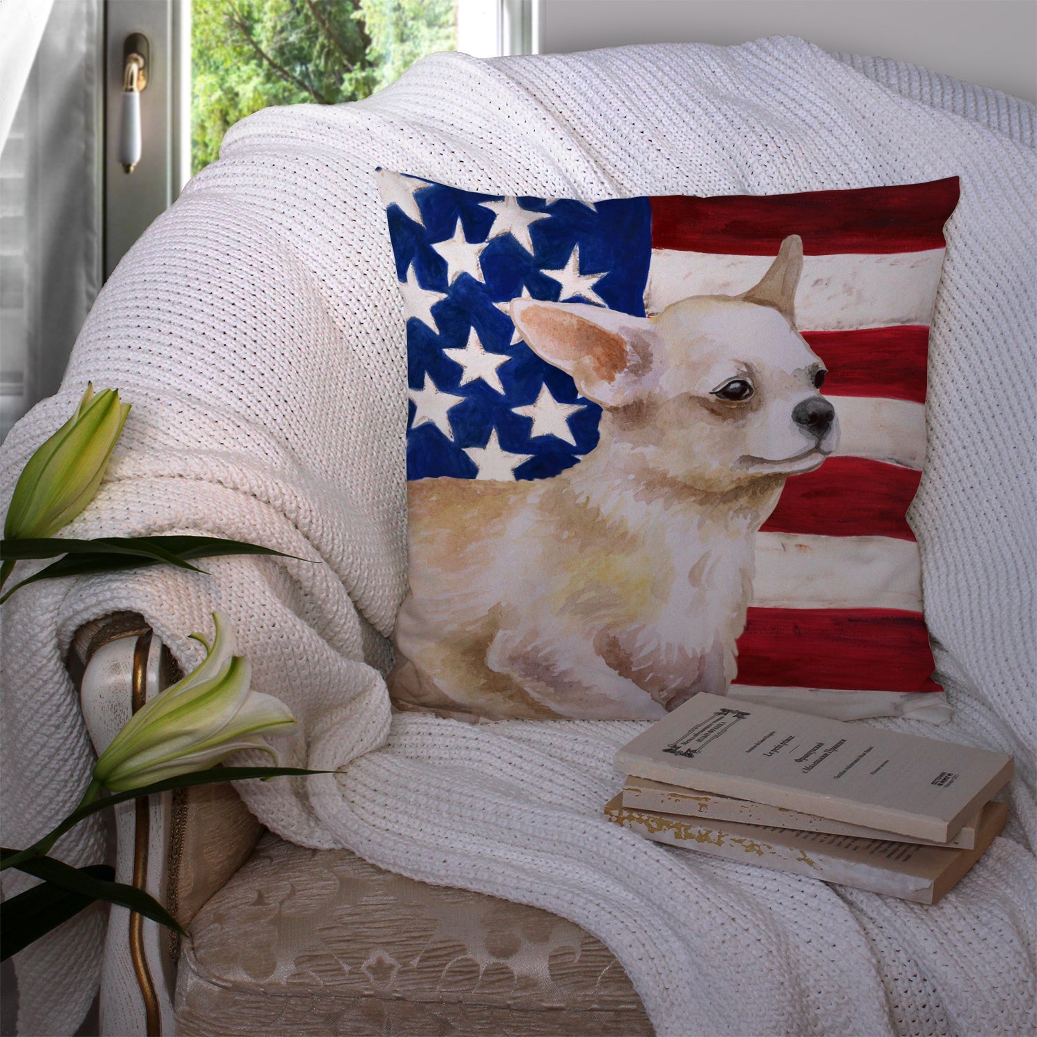Chihuahua Leg up Patriotic Decorative Throw Pillow 14x14 Indoor Outdoor Accent Cushion, Fabric Cover with Insert for Sofa, Bed, Porch & Living Room