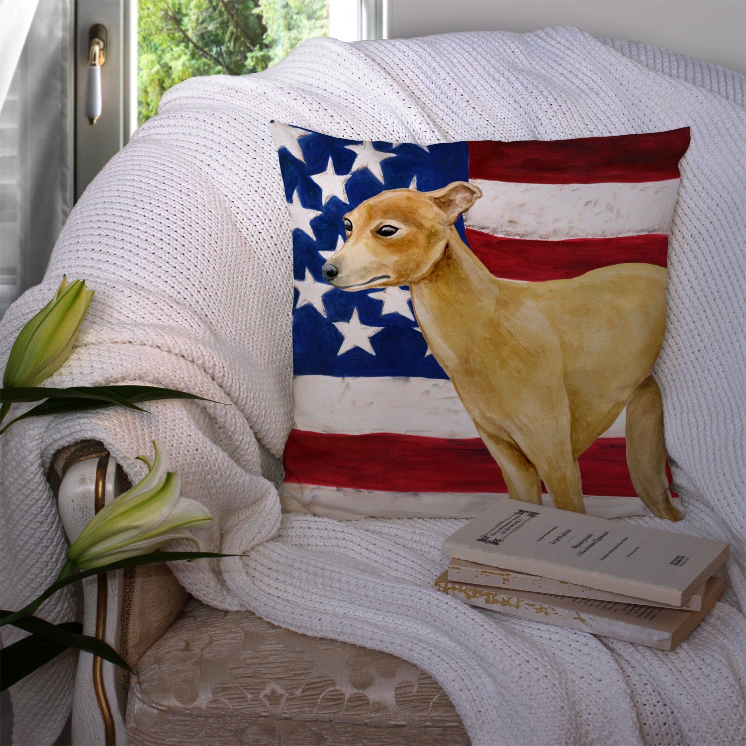 Italian Greyhound Patriotic Decorative Throw Pillow 14x14 Indoor Outdoor Accent Cushion, Fabric Cover with Insert for Sofa, Bed, Porch & Living Room