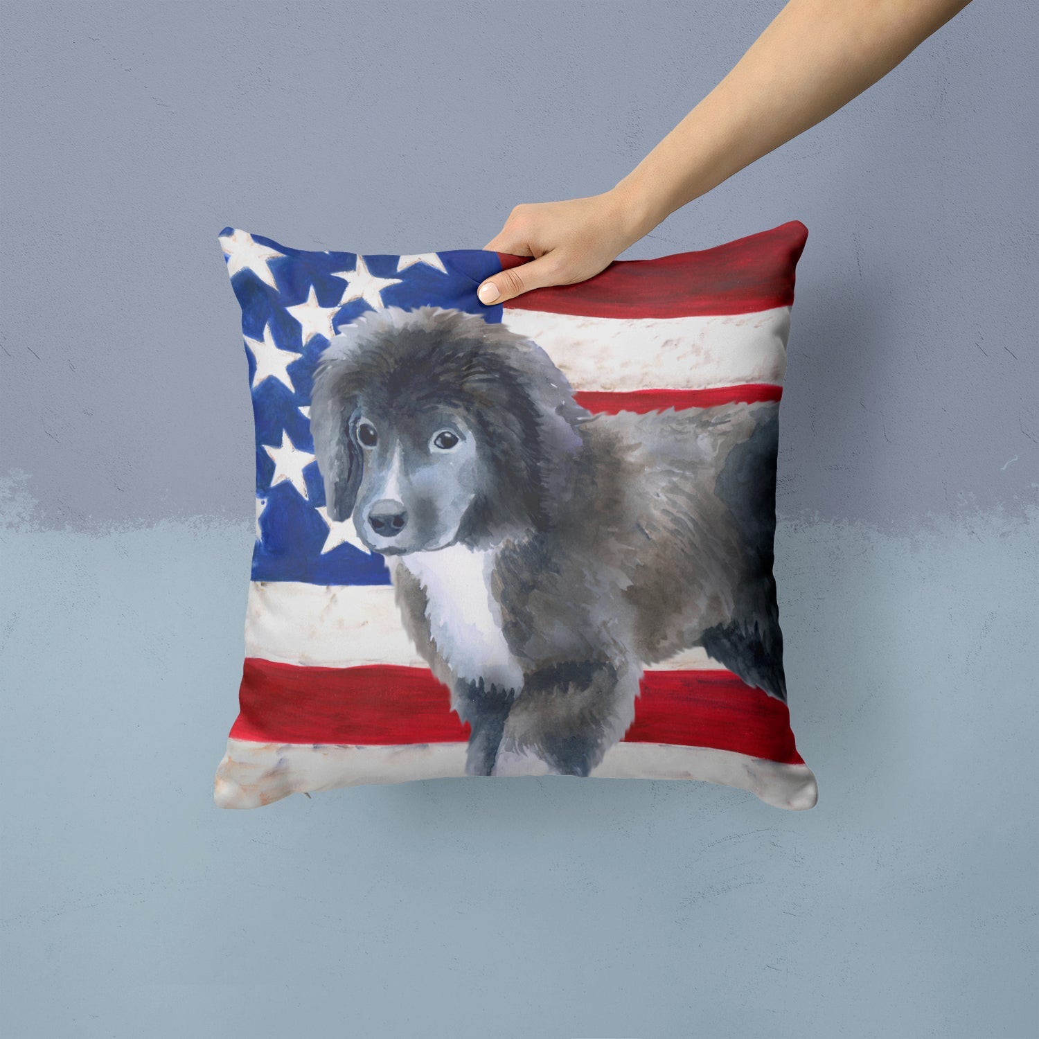 Newfoundland Puppy Patriotic Decorative Throw Pillow 14x14 Indoor Outdoor Accent Cushion, Fabric Cover with Insert for Sofa, Bed, Porch & Living Room