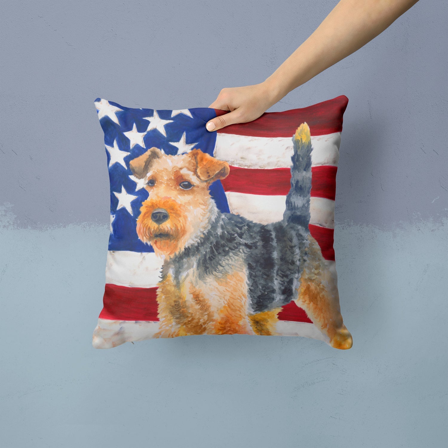 Welsh Terrier Patriotic Decorative Throw Pillow 14x14 Indoor Outdoor Accent Cushion, Fabric Cover with Insert for Sofa, Bed, Porch & Living Room