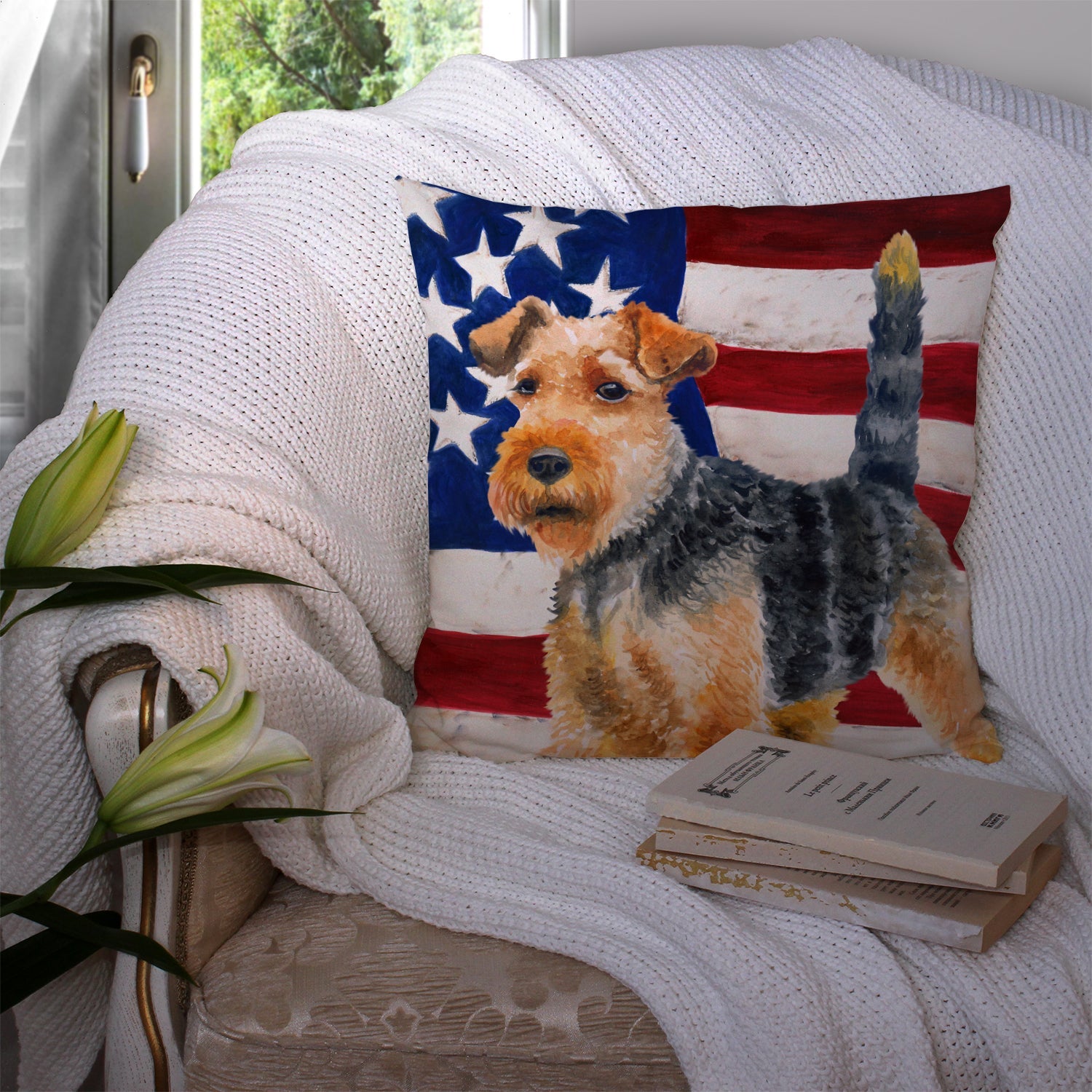 Welsh Terrier Patriotic Decorative Throw Pillow 14x14 Indoor Outdoor Accent Cushion, Fabric Cover with Insert for Sofa, Bed, Porch & Living Room