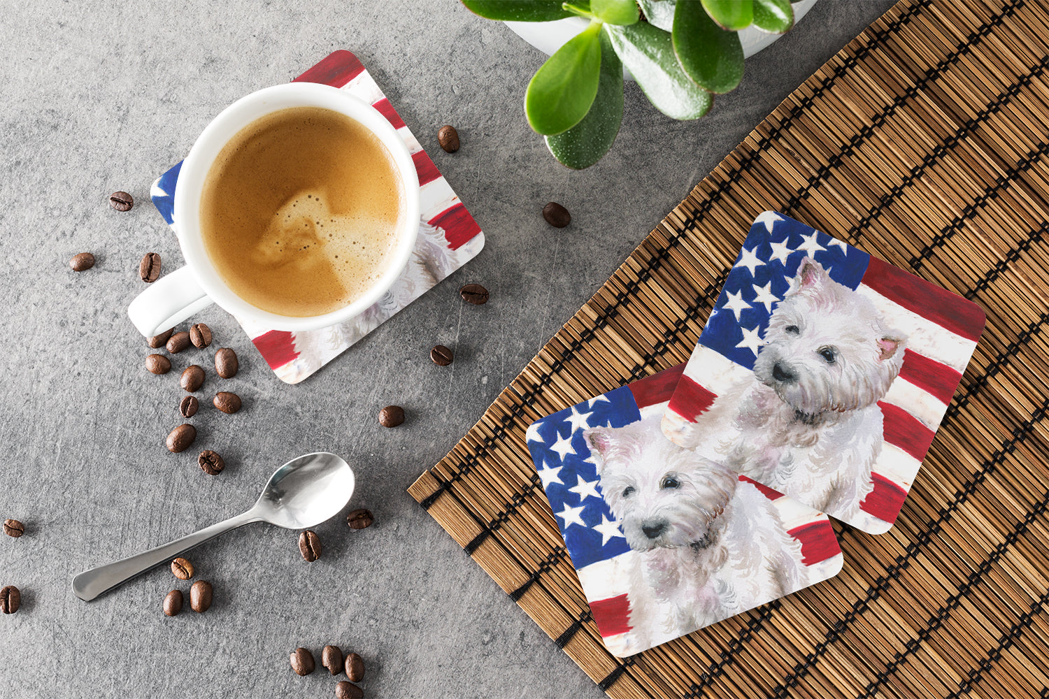 Westie Patriotic Foam Coasters Set of 4 Cup Coasters for Indoor Outdoor, Tabletop Protection, Anti Slip, Mouse pad Material