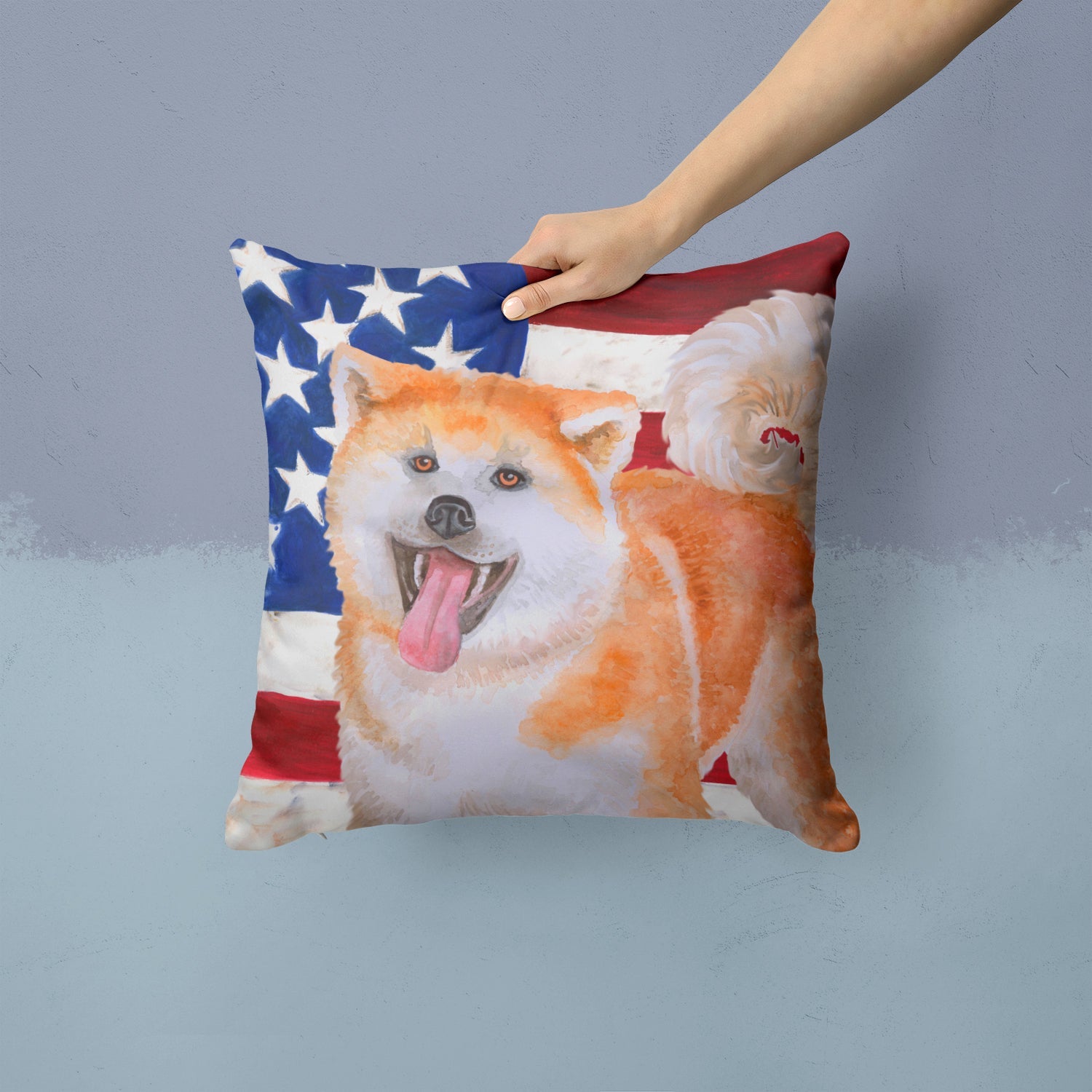 Akita Patriotic Decorative Throw Pillow 14x14 Indoor Outdoor Accent Cushion, Fabric Cover with Insert for Sofa, Bed, Porch & Living Room