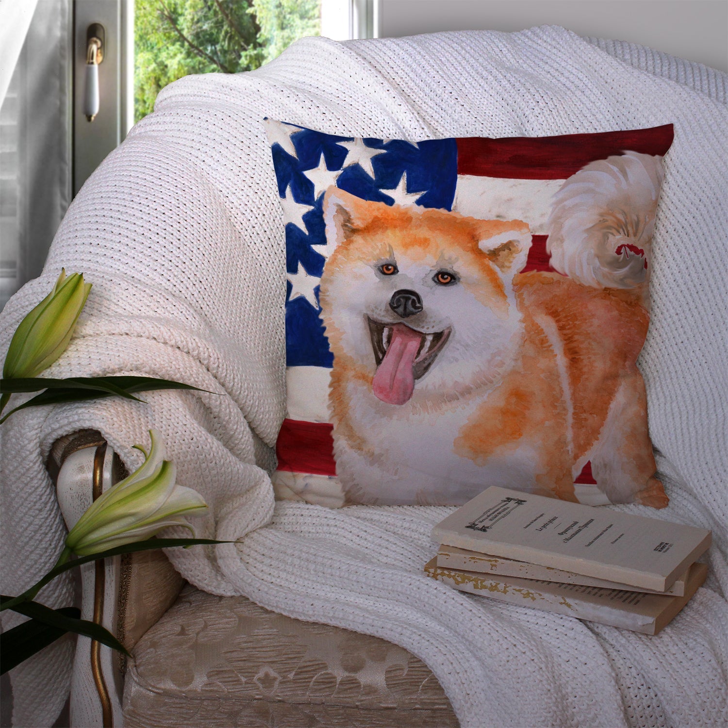 Akita Patriotic Decorative Throw Pillow 14x14 Indoor Outdoor Accent Cushion, Fabric Cover with Insert for Sofa, Bed, Porch & Living Room