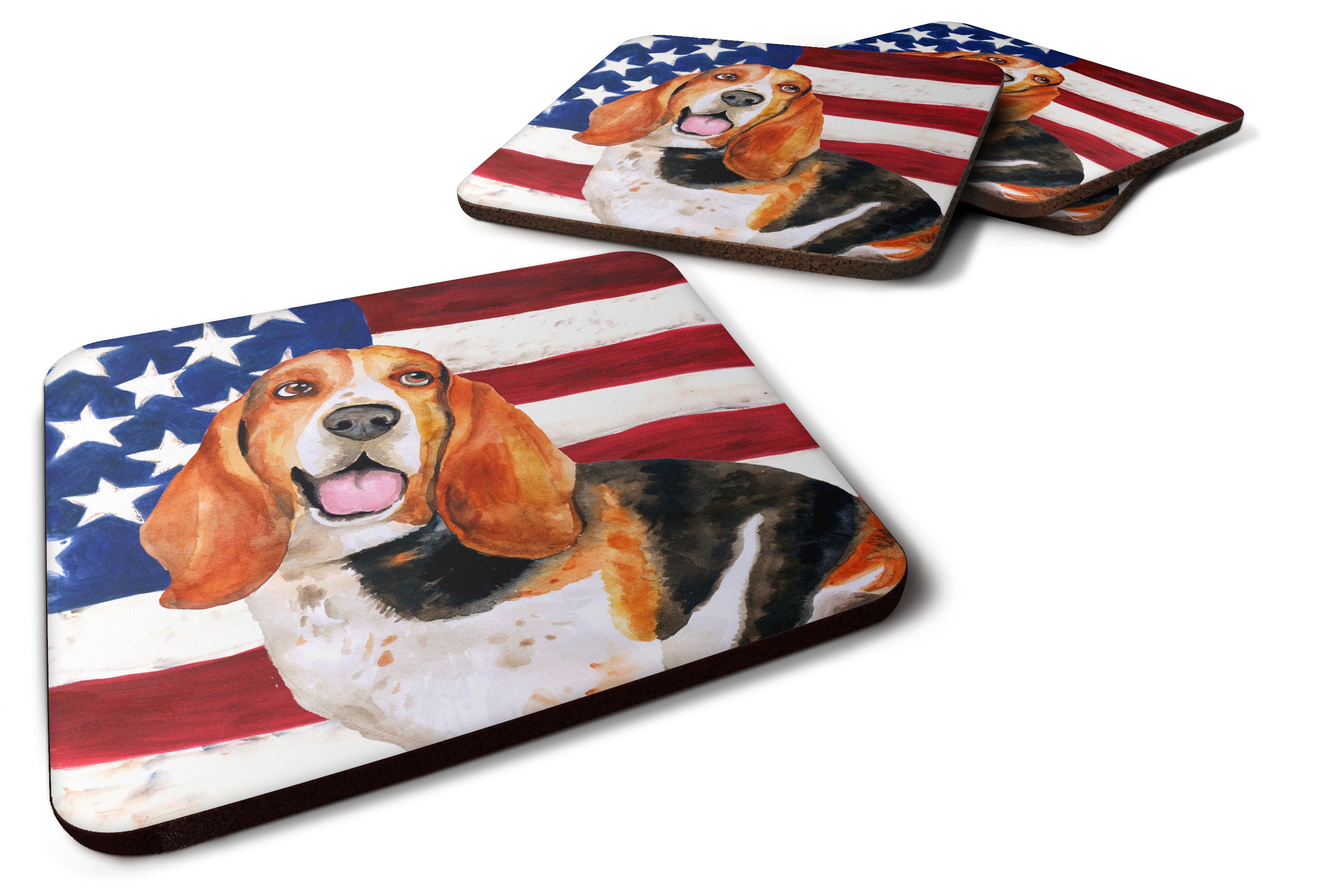 Basset Hound Patriotic Foam Coasters Set of 4 Cup Coasters for Indoor Outdoor, Tabletop Protection, Anti Slip, Mouse pad Material