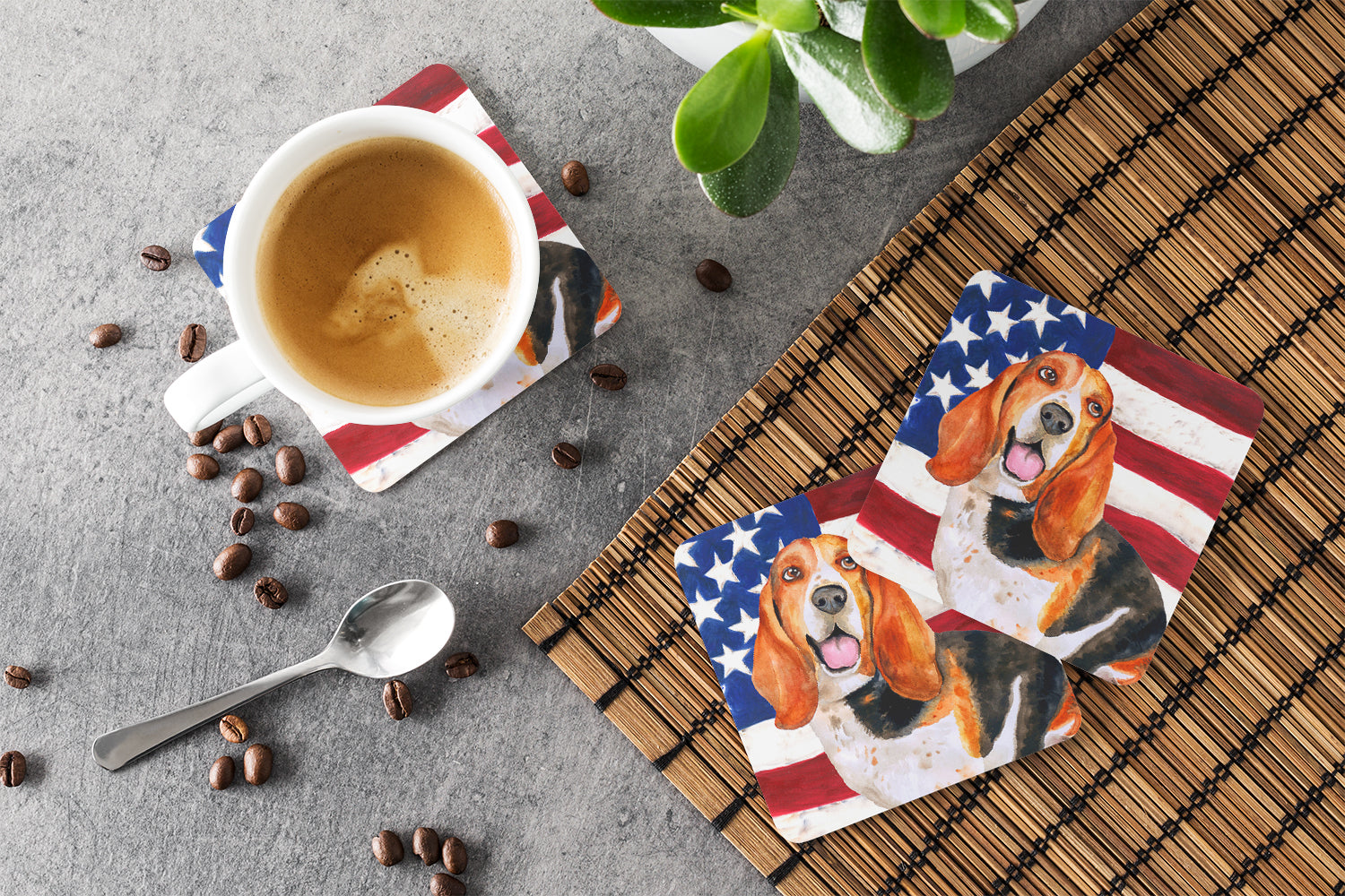 Basset Hound Patriotic Foam Coasters Set of 4 Cup Coasters for Indoor Outdoor, Tabletop Protection, Anti Slip, Mouse pad Material
