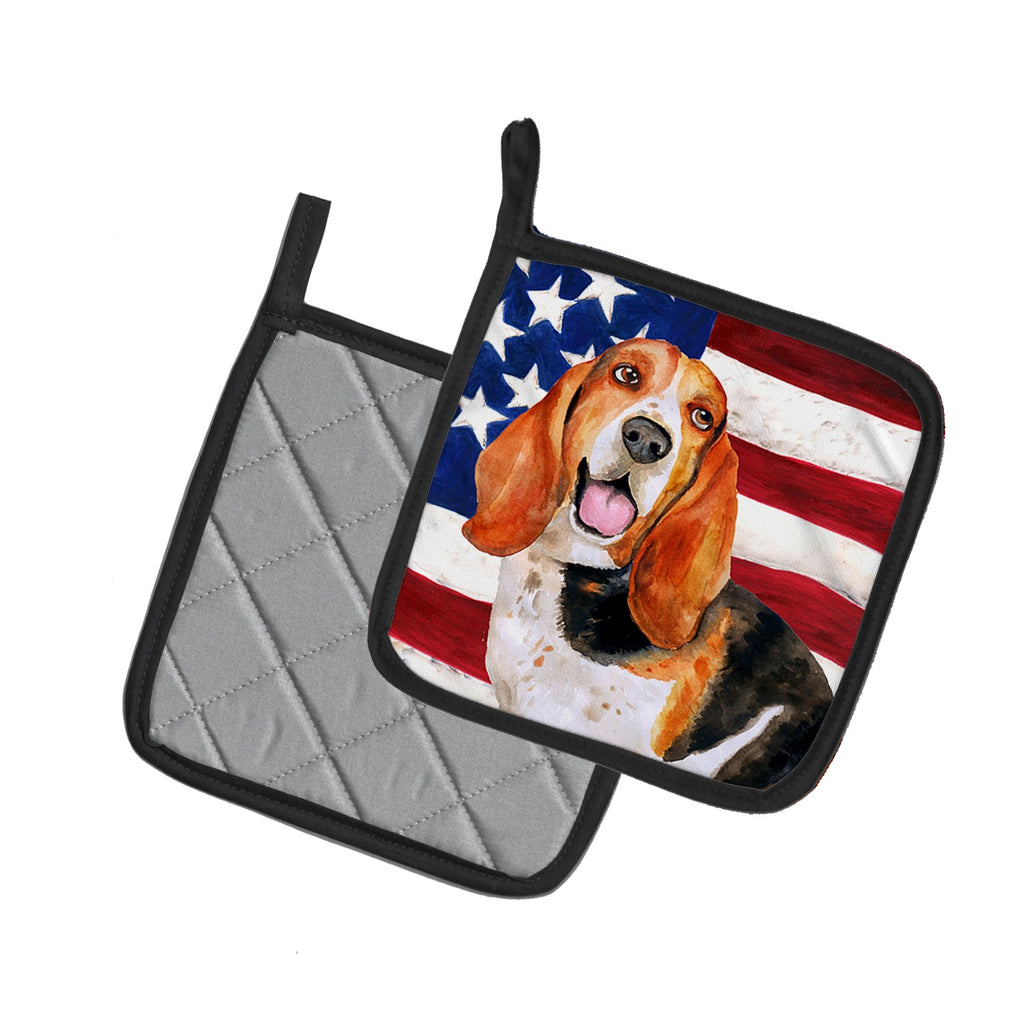 Basset Hound Patriotic Pot Holder Set of 2 Heat Resistant Quilted Hot Pads 7.5 x 7.5 Inch, Insulated Kitchen Trivets for Cooking & Baking