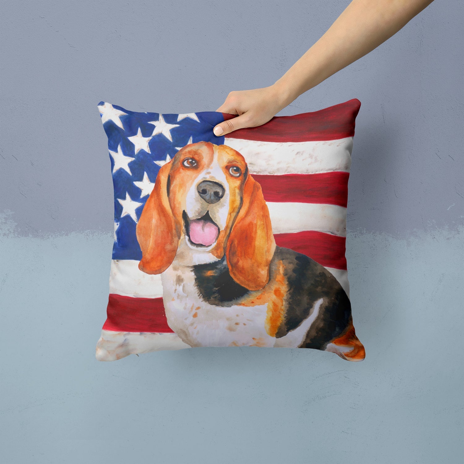Basset Hound Patriotic Decorative Throw Pillow 14x14 Indoor Outdoor Accent Cushion, Fabric Cover with Insert for Sofa, Bed, Porch & Living Room