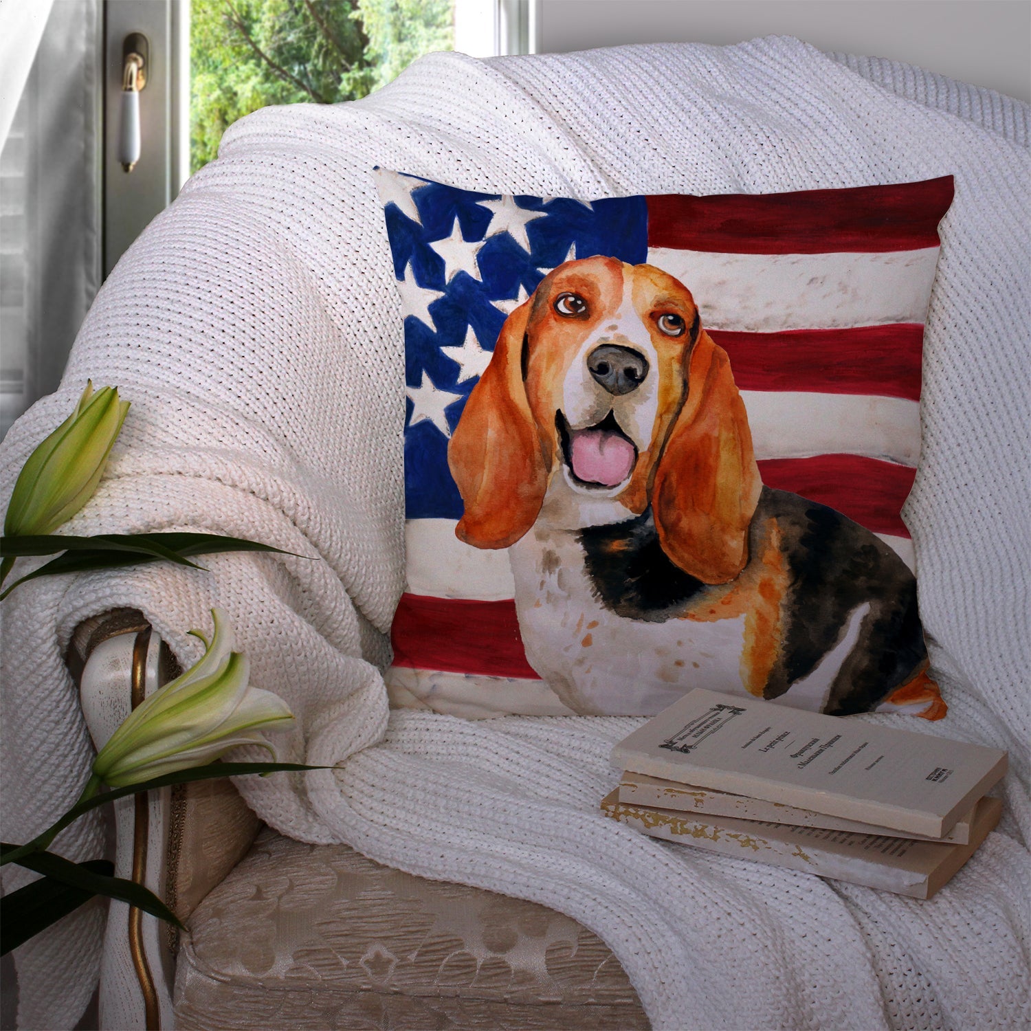 Basset Hound Patriotic Decorative Throw Pillow 14x14 Indoor Outdoor Accent Cushion, Fabric Cover with Insert for Sofa, Bed, Porch & Living Room