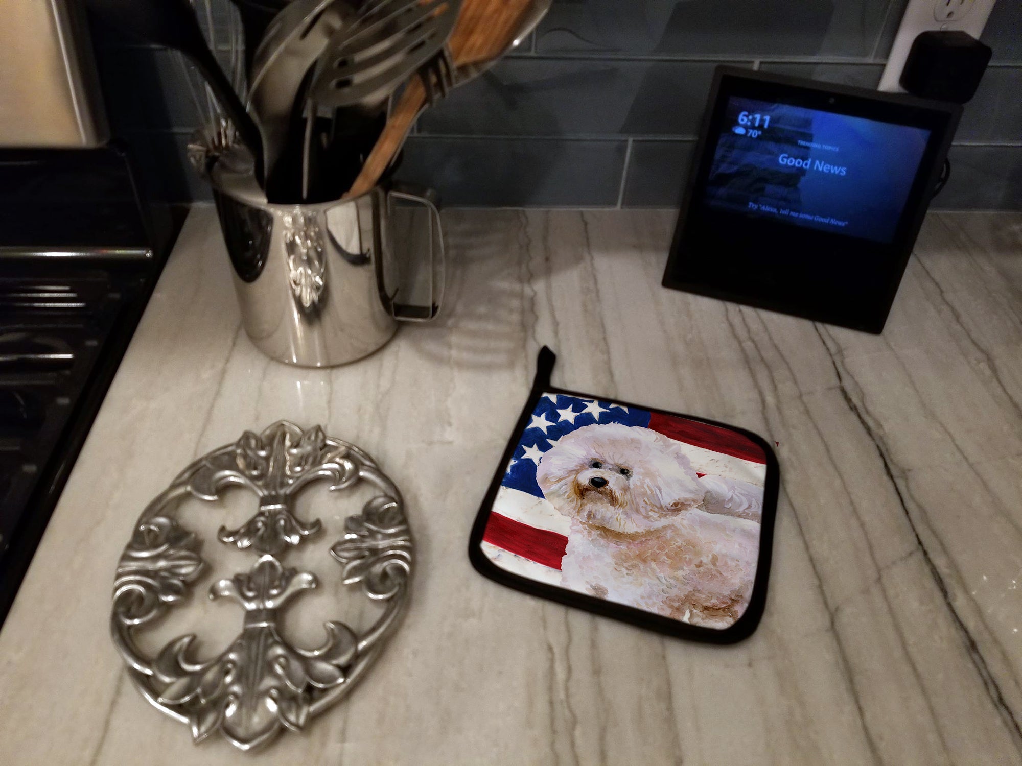Bichon Frise #2 Patriotic Pot Holder Set of 2 Heat Resistant Quilted Hot Pads 7.5 x 7.5 Inch, Insulated Kitchen Trivets for Cooking & Baking