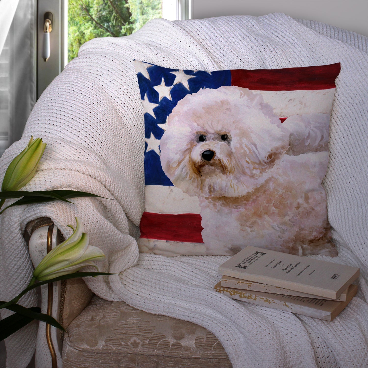 Bichon Frise #2 Patriotic Decorative Throw Pillow 14x14 Indoor Outdoor Accent Cushion, Fabric Cover with Insert for Sofa, Bed, Porch & Living Room