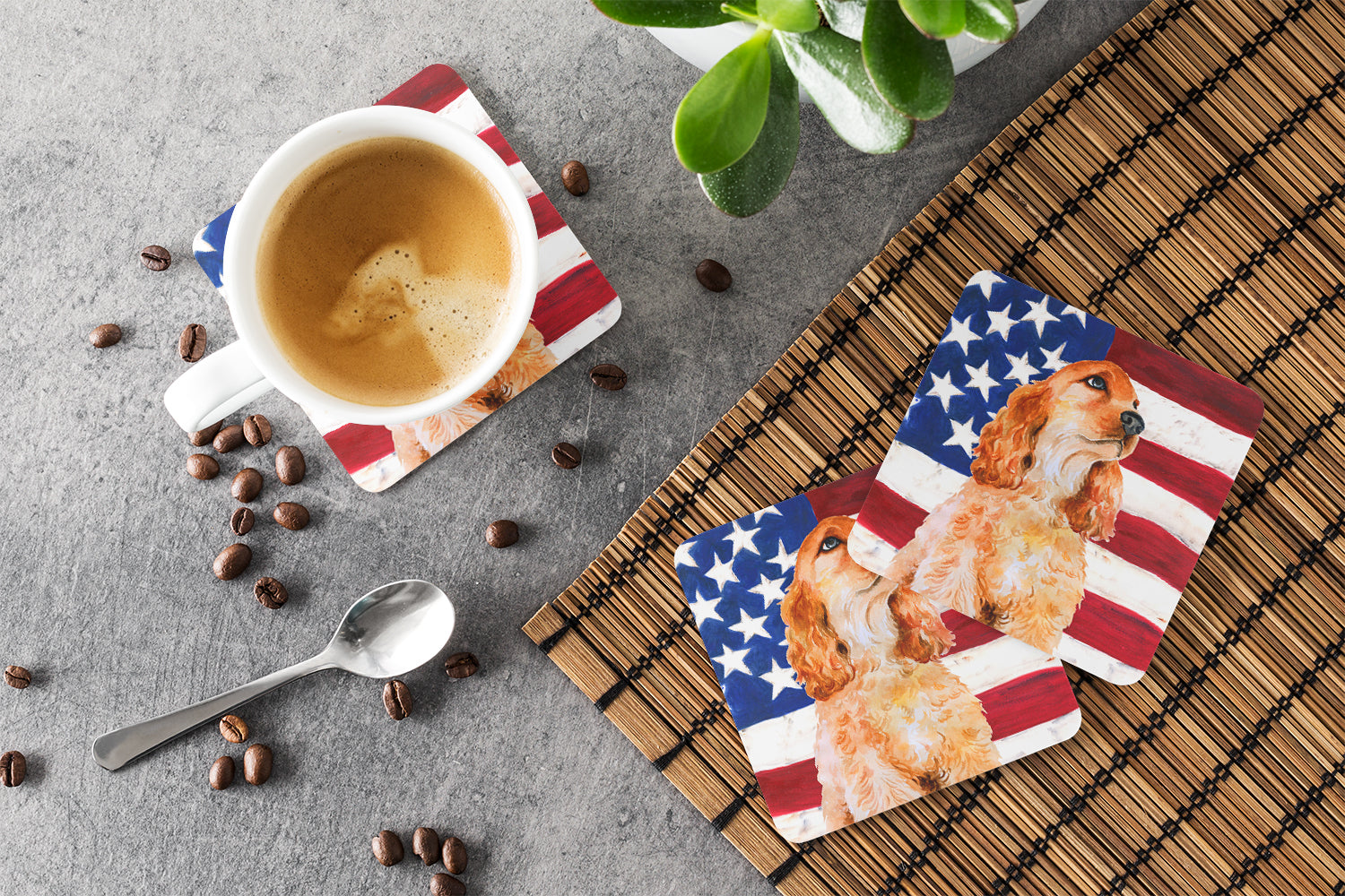 Cocker Spaniel Patriotic Foam Coasters Set of 4 Cup Coasters for Indoor Outdoor, Tabletop Protection, Anti Slip, Mouse pad Material