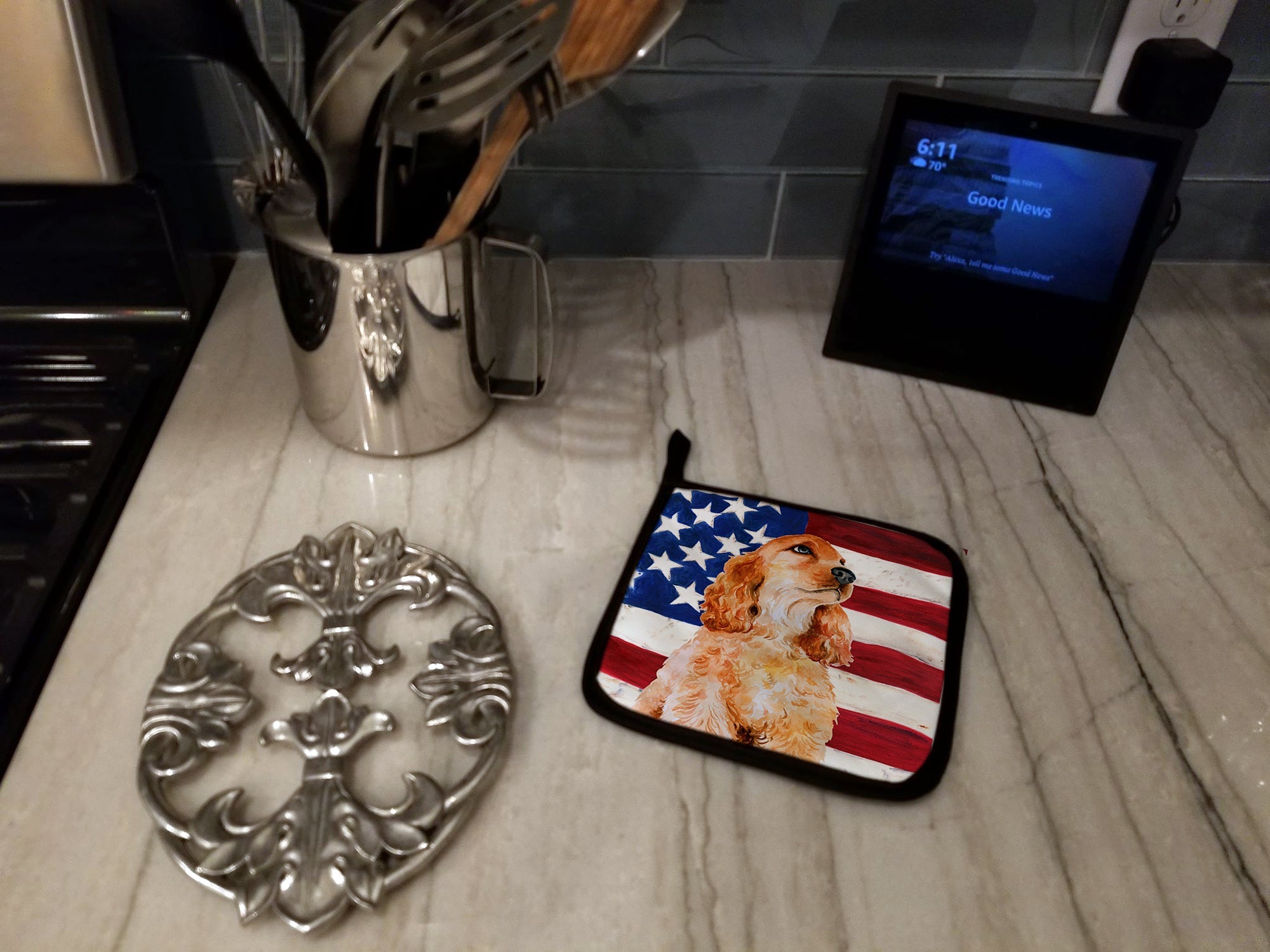 Cocker Spaniel Patriotic Pot Holder Set of 2 Heat Resistant Quilted Hot Pads 7.5 x 7.5 Inch, Insulated Kitchen Trivets for Cooking & Baking