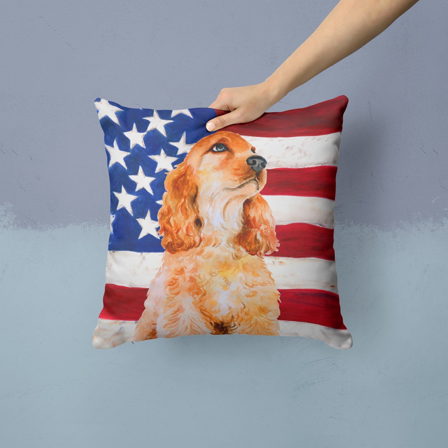 Cocker Spaniel Patriotic Decorative Throw Pillow 14x14 Indoor Outdoor Accent Cushion, Fabric Cover with Insert for Sofa, Bed, Porch & Living Room