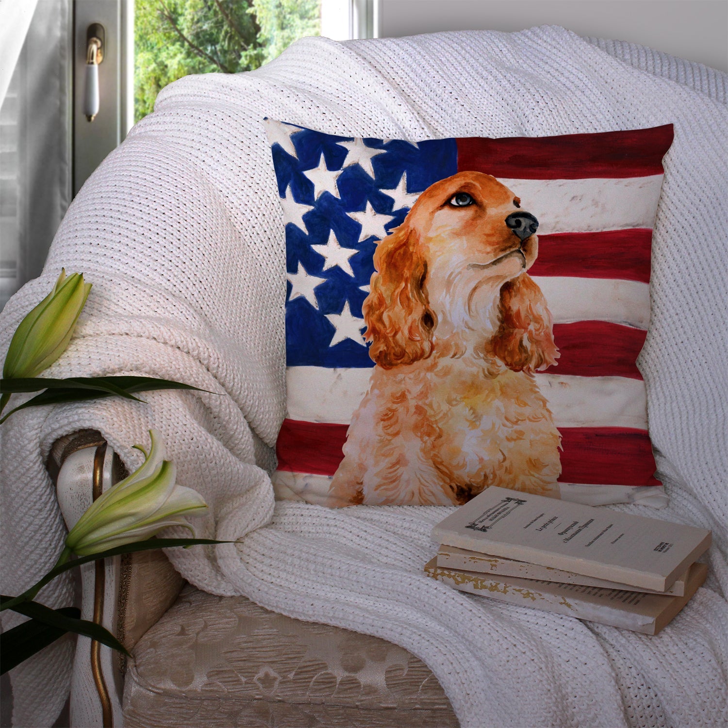Cocker Spaniel Patriotic Decorative Throw Pillow 14x14 Indoor Outdoor Accent Cushion, Fabric Cover with Insert for Sofa, Bed, Porch & Living Room