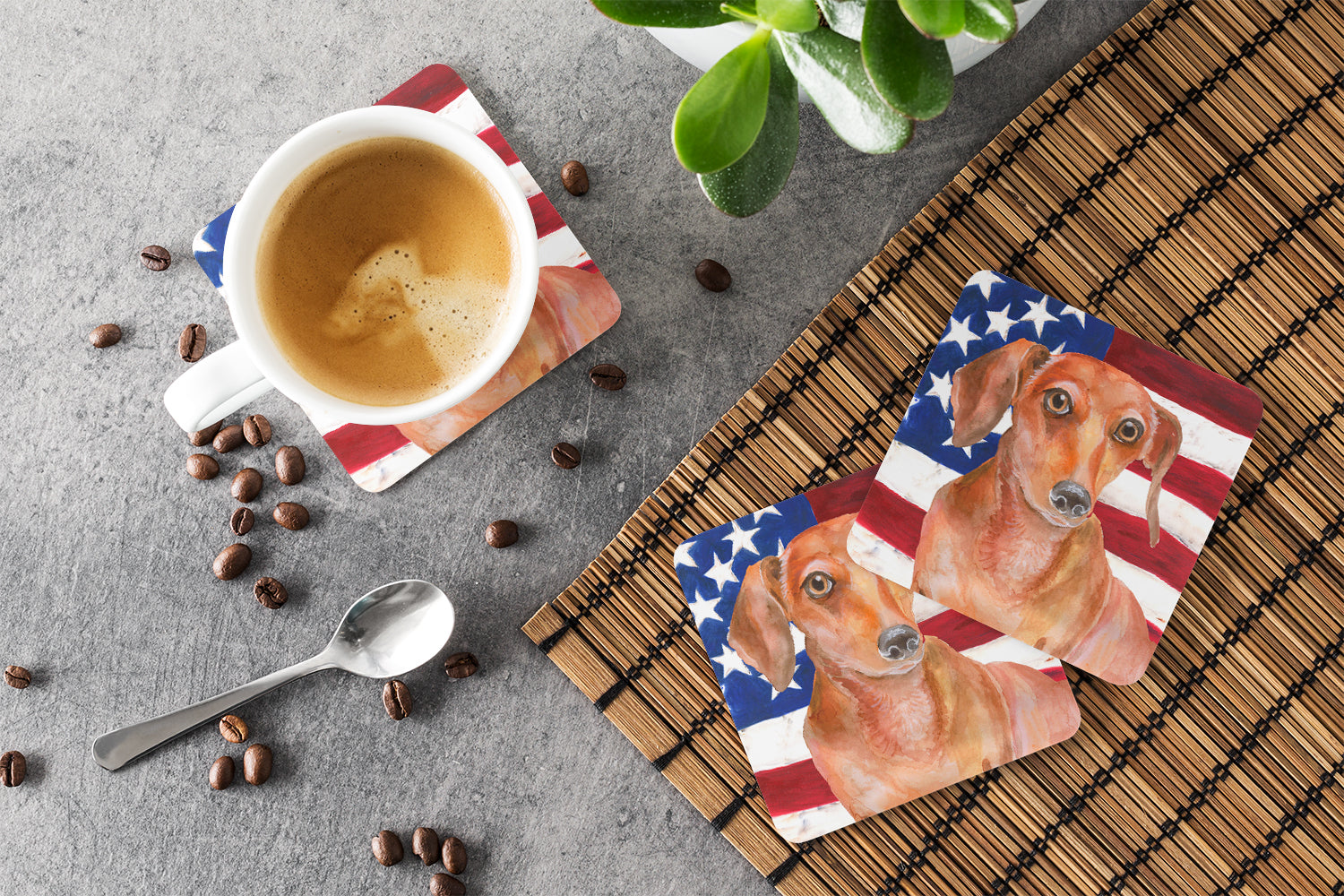 Red Dachshund Patriotic Foam Coasters Set of 4 Cup Coasters for Indoor Outdoor, Tabletop Protection, Anti Slip, Mouse pad Material