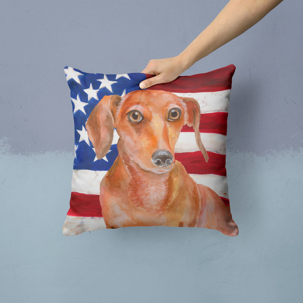 Red Dachshund Patriotic Decorative Throw Pillow 14x14 Indoor Outdoor Accent Cushion, Fabric Cover with Insert for Sofa, Bed, Porch & Living Room