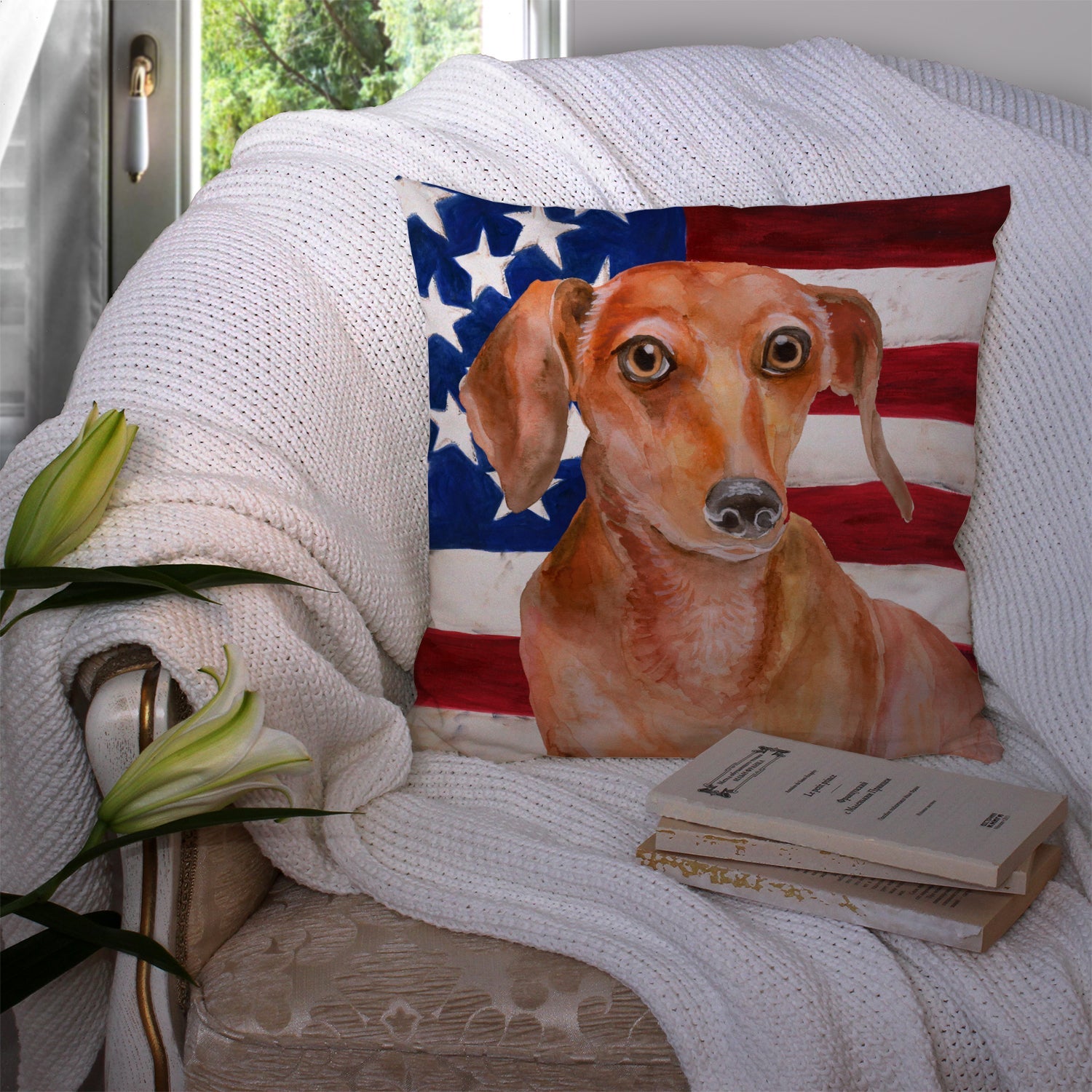 Red Dachshund Patriotic Decorative Throw Pillow 14x14 Indoor Outdoor Accent Cushion, Fabric Cover with Insert for Sofa, Bed, Porch & Living Room