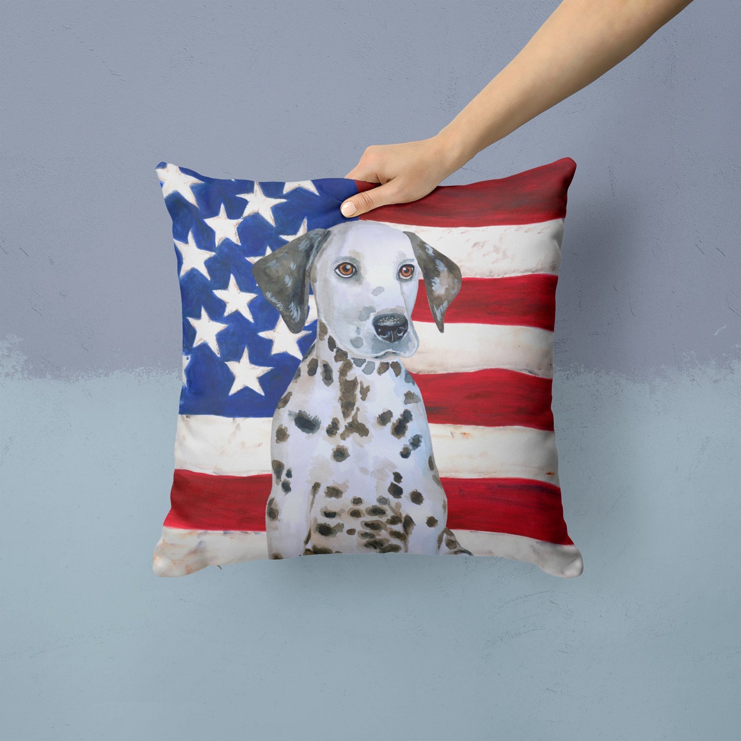 Dalmatian Puppy Patriotic Decorative Throw Pillow 14x14 Indoor Outdoor Accent Cushion, Fabric Cover with Insert for Sofa, Bed, Porch & Living Room