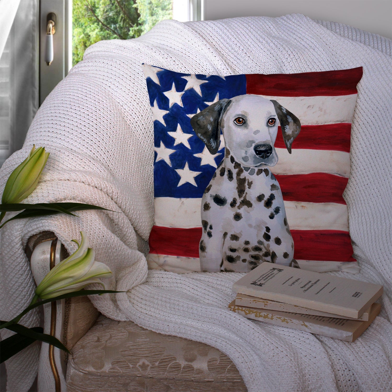 Dalmatian Puppy Patriotic Decorative Throw Pillow 14x14 Indoor Outdoor Accent Cushion, Fabric Cover with Insert for Sofa, Bed, Porch & Living Room