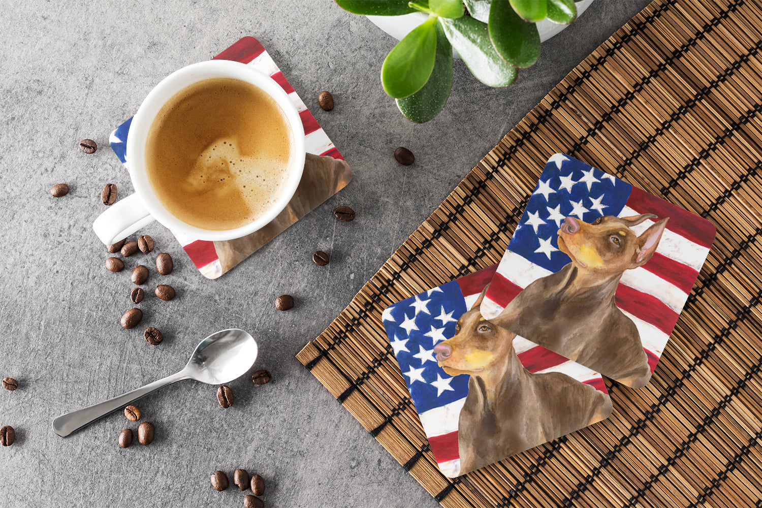 Doberman Pinscher Patriotic Foam Coasters Set of 4 Cup Coasters for Indoor Outdoor, Tabletop Protection, Anti Slip, Mouse pad Material