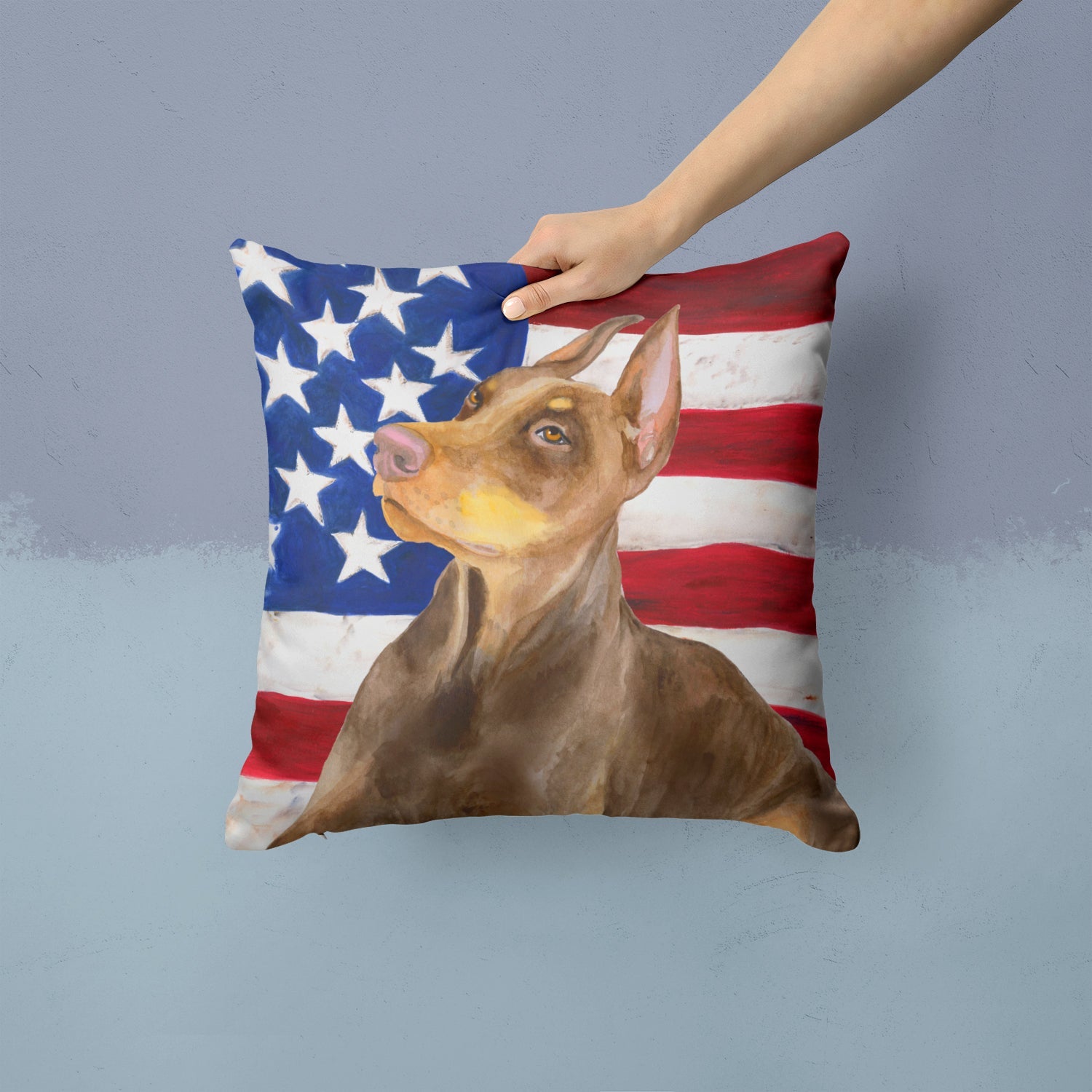 Doberman Pinscher Patriotic Decorative Throw Pillow 14x14 Indoor Outdoor Accent Cushion, Fabric Cover with Insert for Sofa, Bed, Porch & Living Room