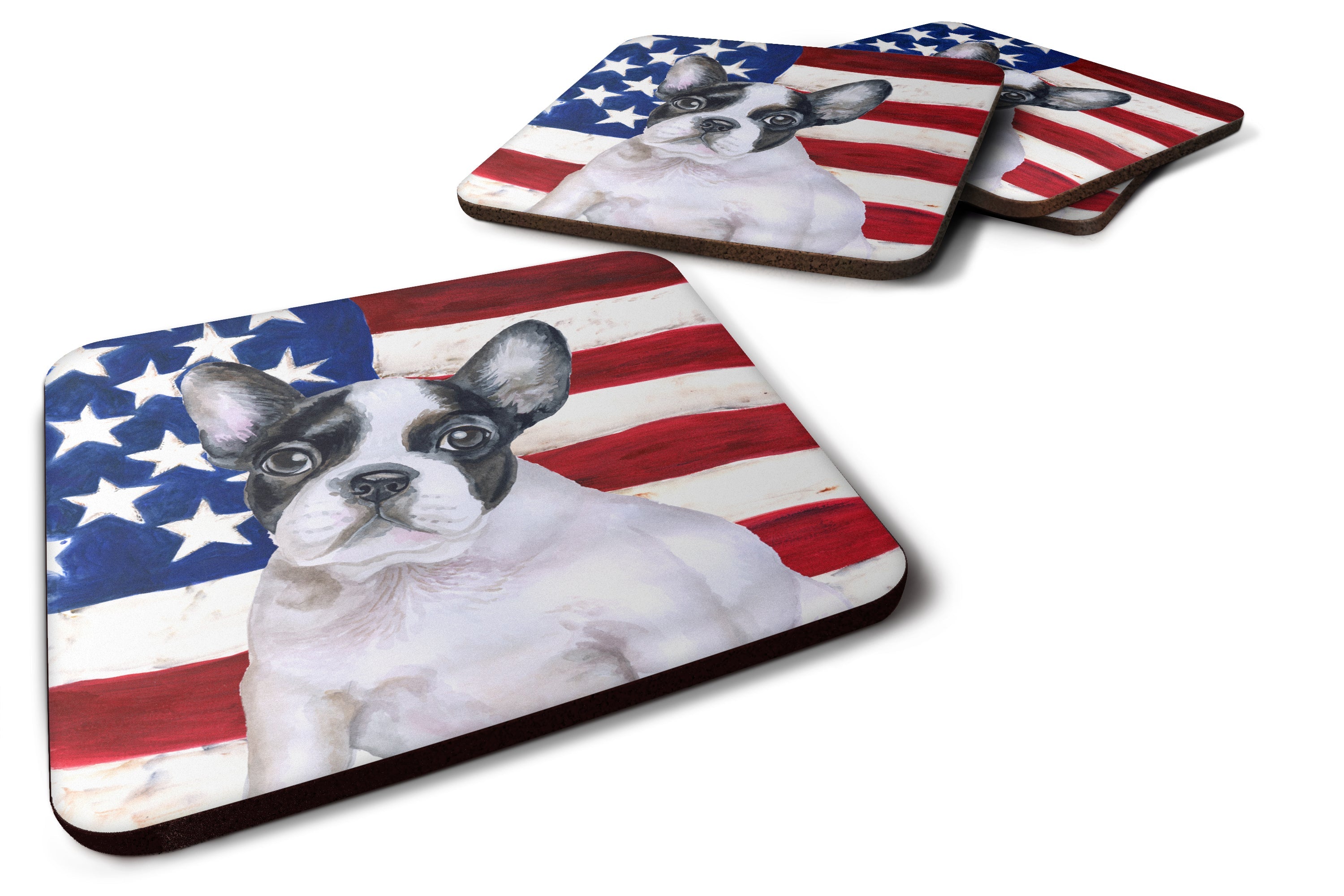 French Bulldog Black White Patriotic Foam Coasters Set of 4 Cup Coasters for Indoor Outdoor, Tabletop Protection, Anti Slip, Mouse pad Material