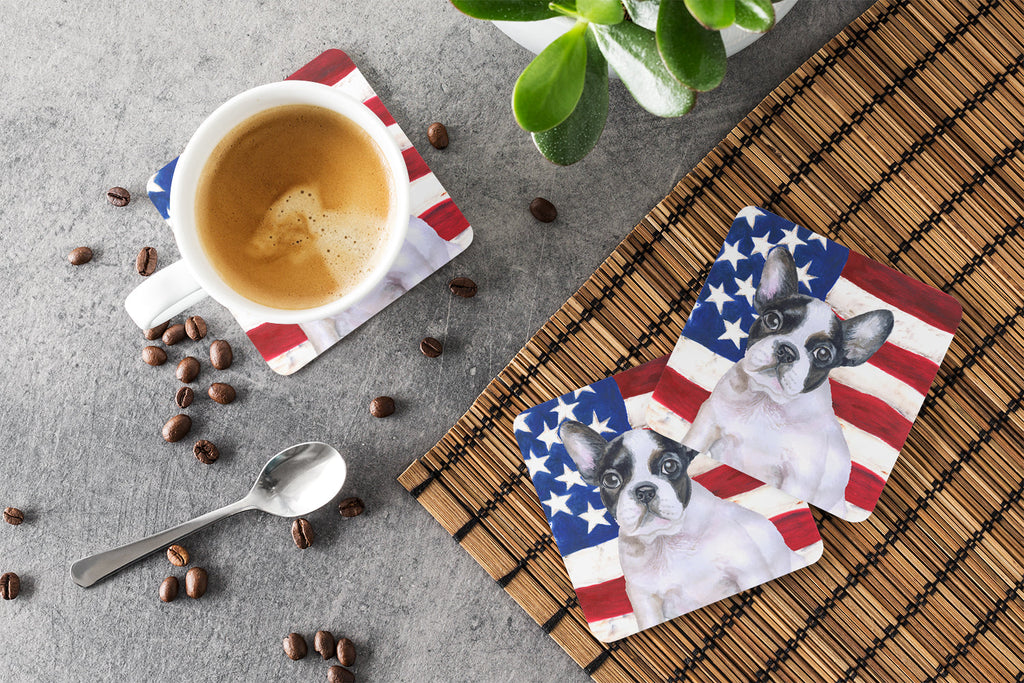 French Bulldog Black White Patriotic Foam Coasters Set of 4 Cup Coasters for Indoor Outdoor, Tabletop Protection, Anti Slip, Mouse pad Material