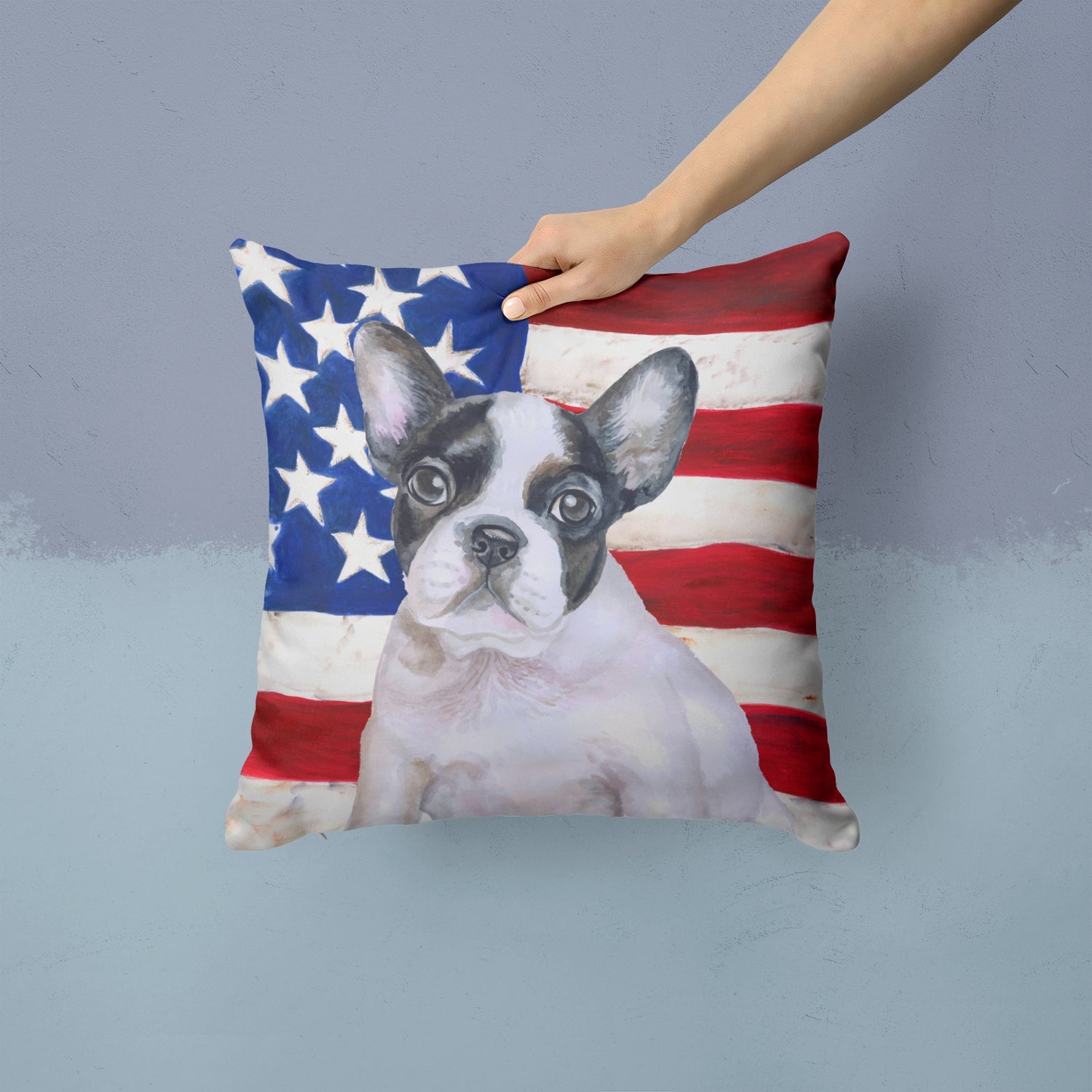 French Bulldog Black White Patriotic Decorative Throw Pillow 14x14 Indoor Outdoor Accent Cushion, Fabric Cover with Insert for Sofa, Bed, Porch & Living Room