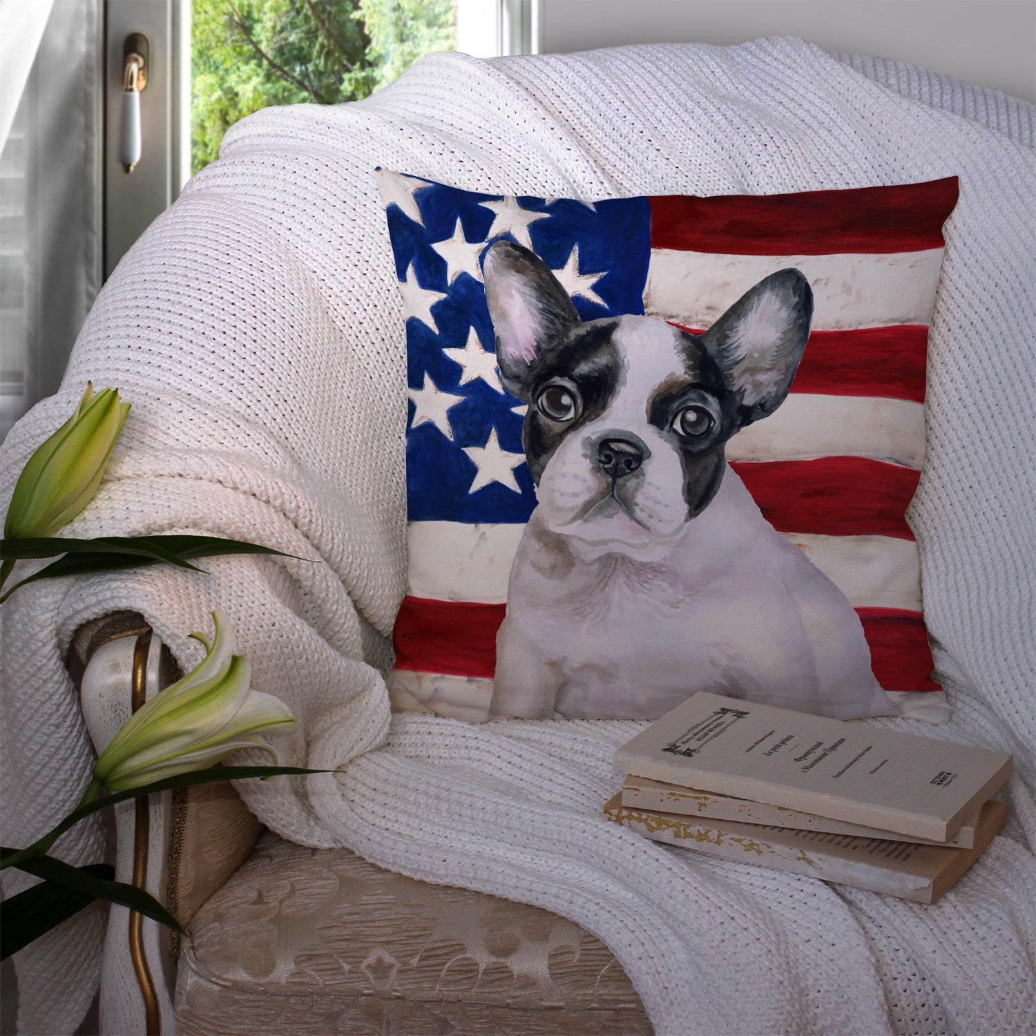 French Bulldog Black White Patriotic Decorative Throw Pillow 14x14 Indoor Outdoor Accent Cushion, Fabric Cover with Insert for Sofa, Bed, Porch & Living Room