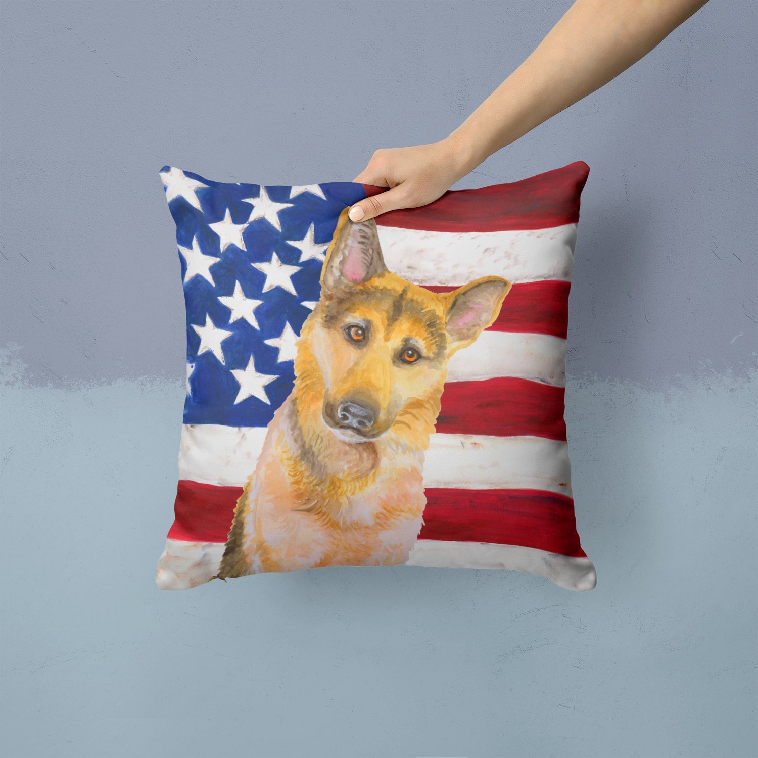 German Shepherd #2 Patriotic Decorative Throw Pillow 14x14 Indoor Outdoor Accent Cushion, Fabric Cover with Insert for Sofa, Bed, Porch & Living Room
