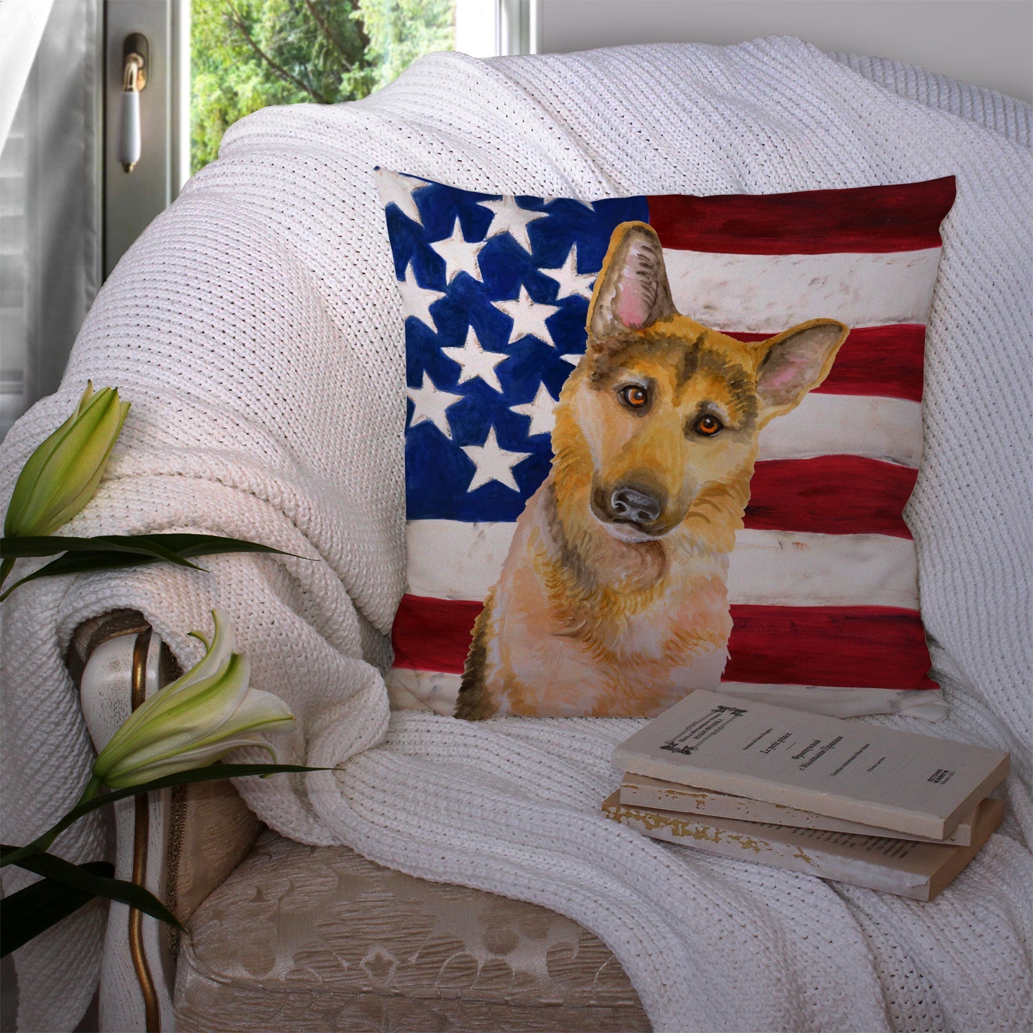 German Shepherd #2 Patriotic Decorative Throw Pillow 14x14 Indoor Outdoor Accent Cushion, Fabric Cover with Insert for Sofa, Bed, Porch & Living Room
