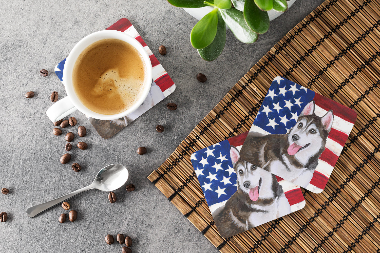 Siberian Husky #2 Patriotic Foam Coasters Set of 4 Cup Coasters for Indoor Outdoor, Tabletop Protection, Anti Slip, Mouse pad Material