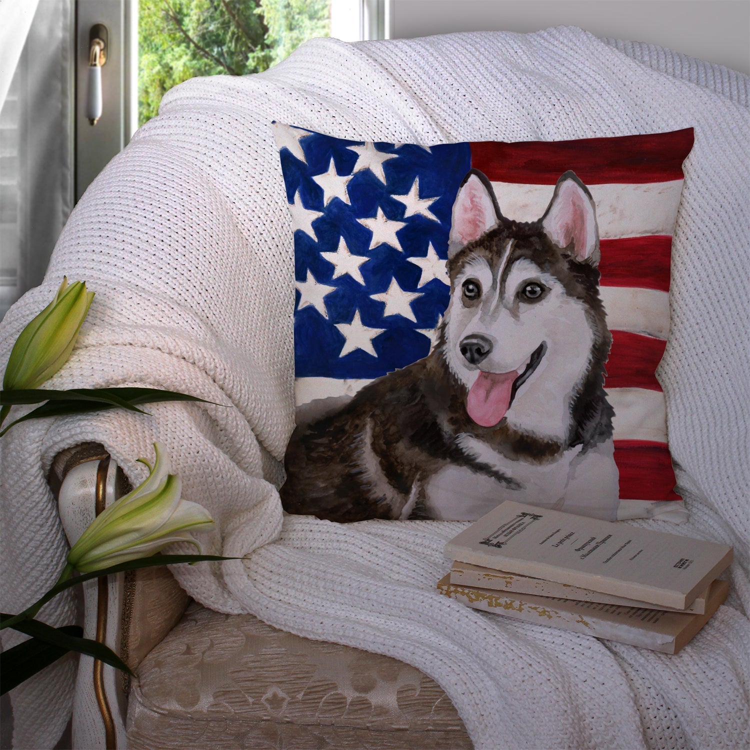Siberian Husky #2 Patriotic Decorative Throw Pillow 14x14 Indoor Outdoor Accent Cushion, Fabric Cover with Insert for Sofa, Bed, Porch & Living Room