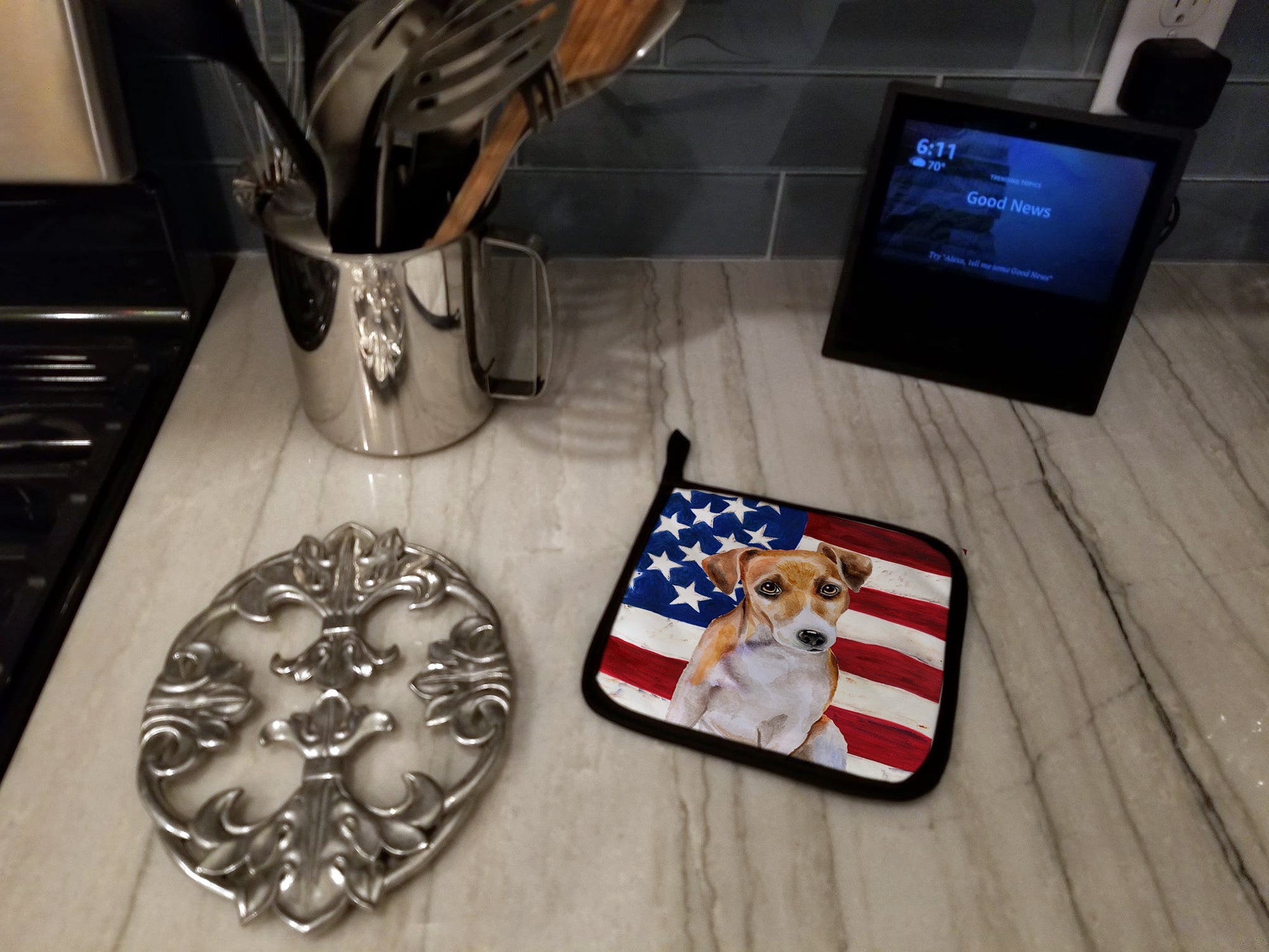 Jack Russell Terrier #2 Patriotic Pot Holder Set of 2 Heat Resistant Quilted Hot Pads 7.5 x 7.5 Inch, Insulated Kitchen Trivets for Cooking & Baking