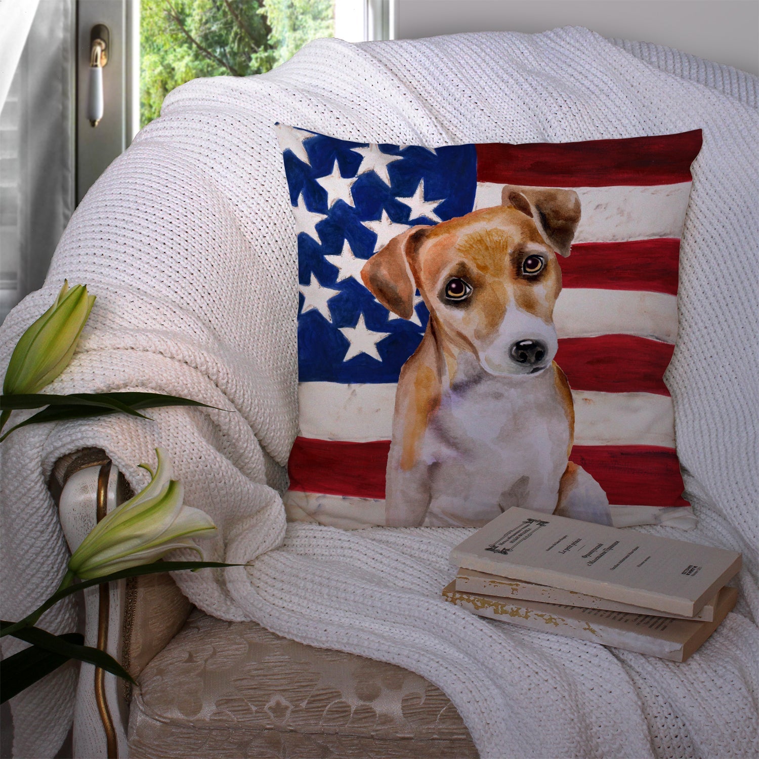 Jack Russell Terrier #2 Patriotic Decorative Throw Pillow 14x14 Indoor Outdoor Accent Cushion, Fabric Cover with Insert for Sofa, Bed, Porch & Living Room