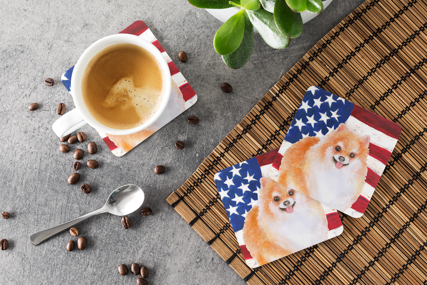 Pomeranian #2 Patriotic Foam Coasters Set of 4 Cup Coasters for Indoor Outdoor, Tabletop Protection, Anti Slip, Mouse pad Material